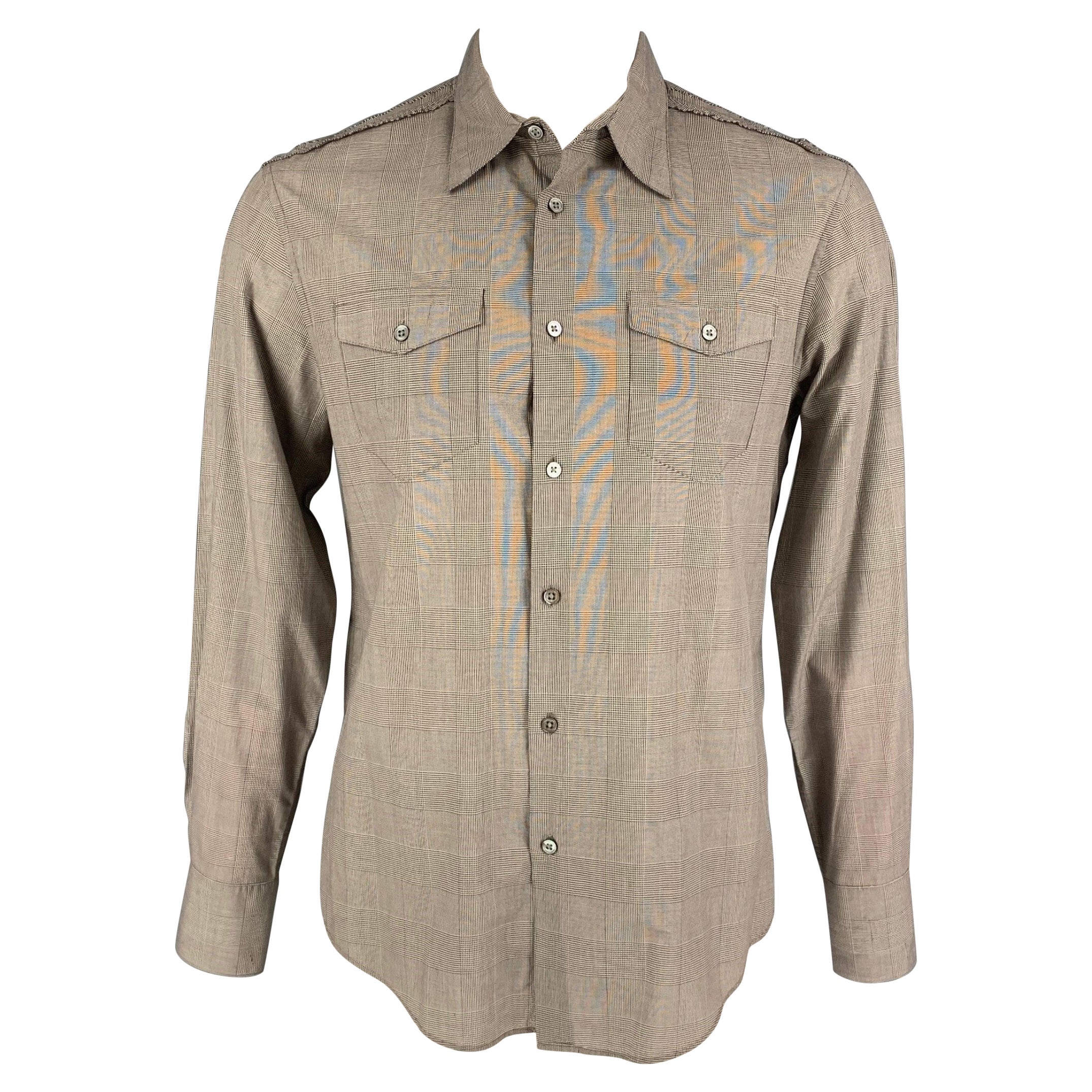 JOHN VARVATOS Size L Grey Glenplaid Cotton Patch Pocket Long Sleeve Shirt For Sale
