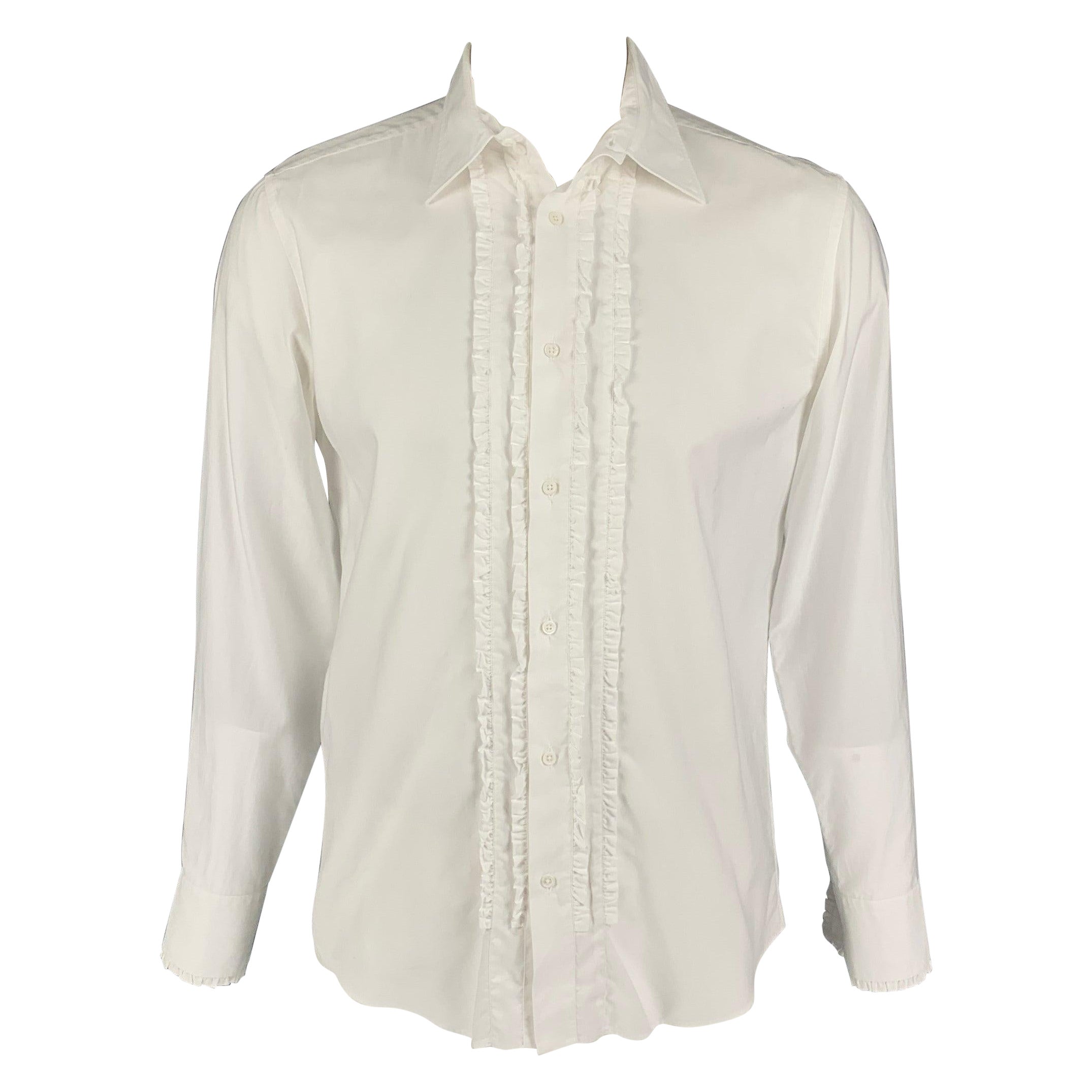 JIL SANDER Size L White Ruffled Cotton Button Up Long Sleeve Shirt For Sale