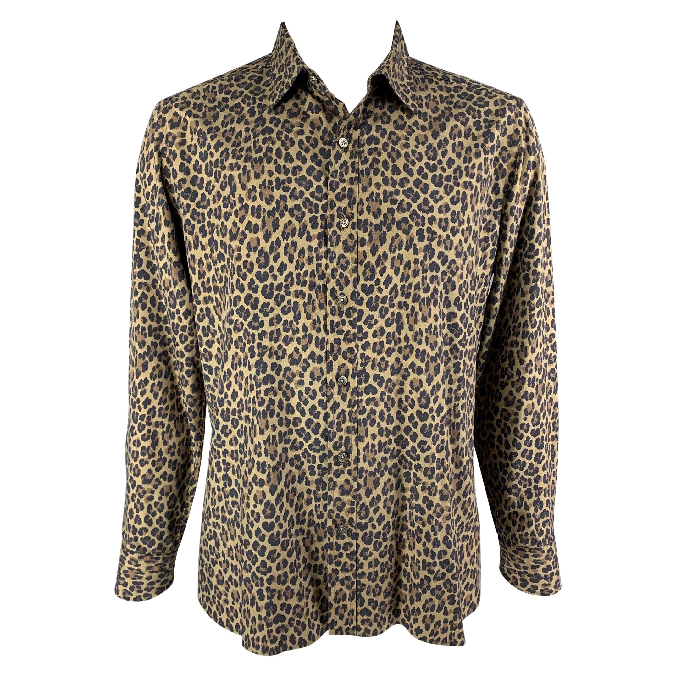 TOM FORD Size XL Olive Black Brown Animal Print Silk Long Sleeve Shirt For Sale