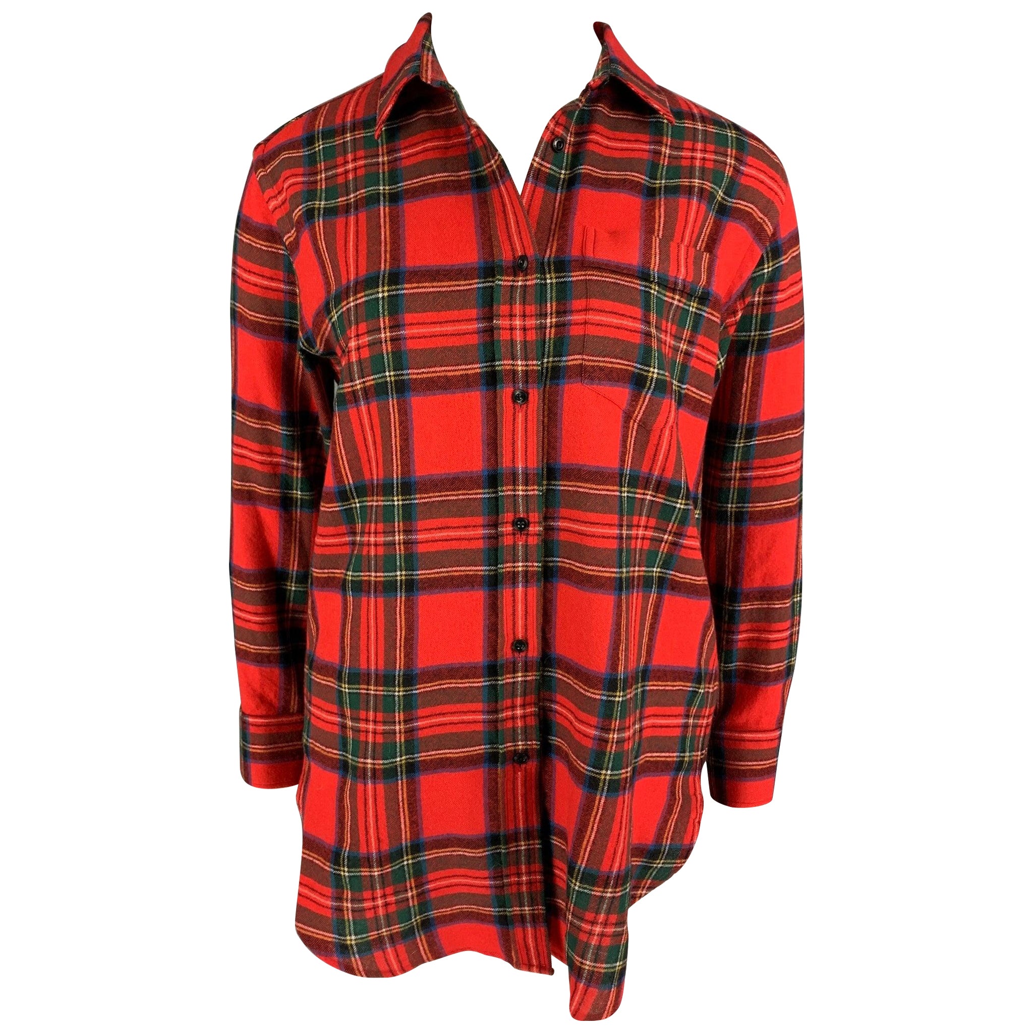 BURBERRY LONDON Size 10 Red Multi-Color Wool Plaid Button Up Shirt For Sale