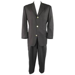 Retro GIANNI VERSACE 44 Black Checkered Wool Gold Rhinestone Lion Head Button Suit