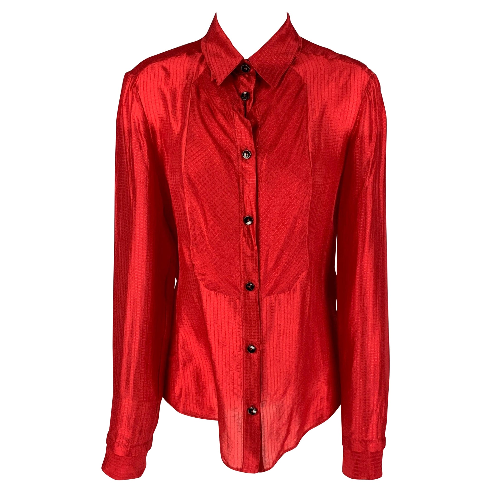 VIKTOR & ROLF Size M Red Silk Textured Button Up Shirt For Sale