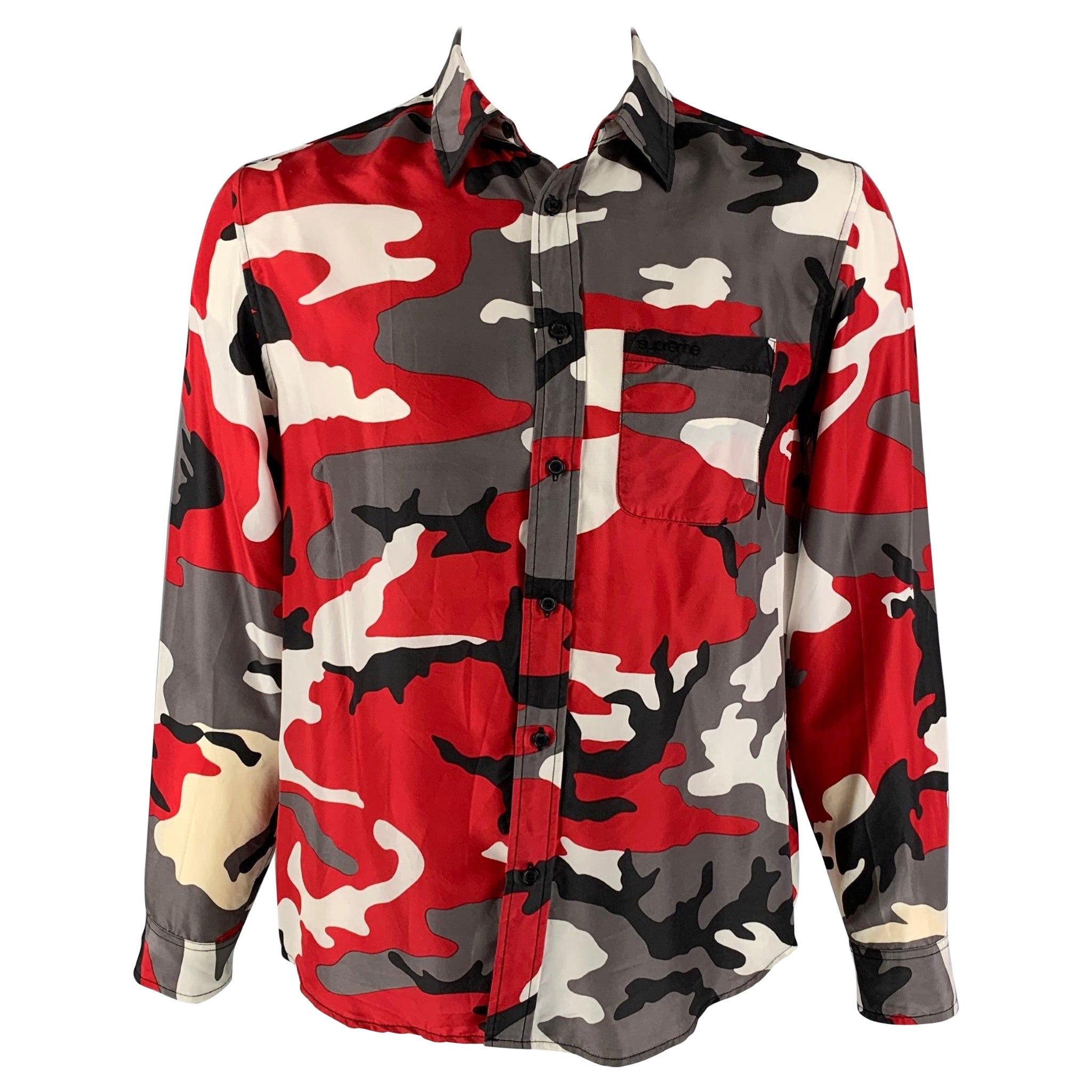 SUPREME SS 19 Collection Size M Red Grey Silk Button Up Long Sleeve Shirt For Sale