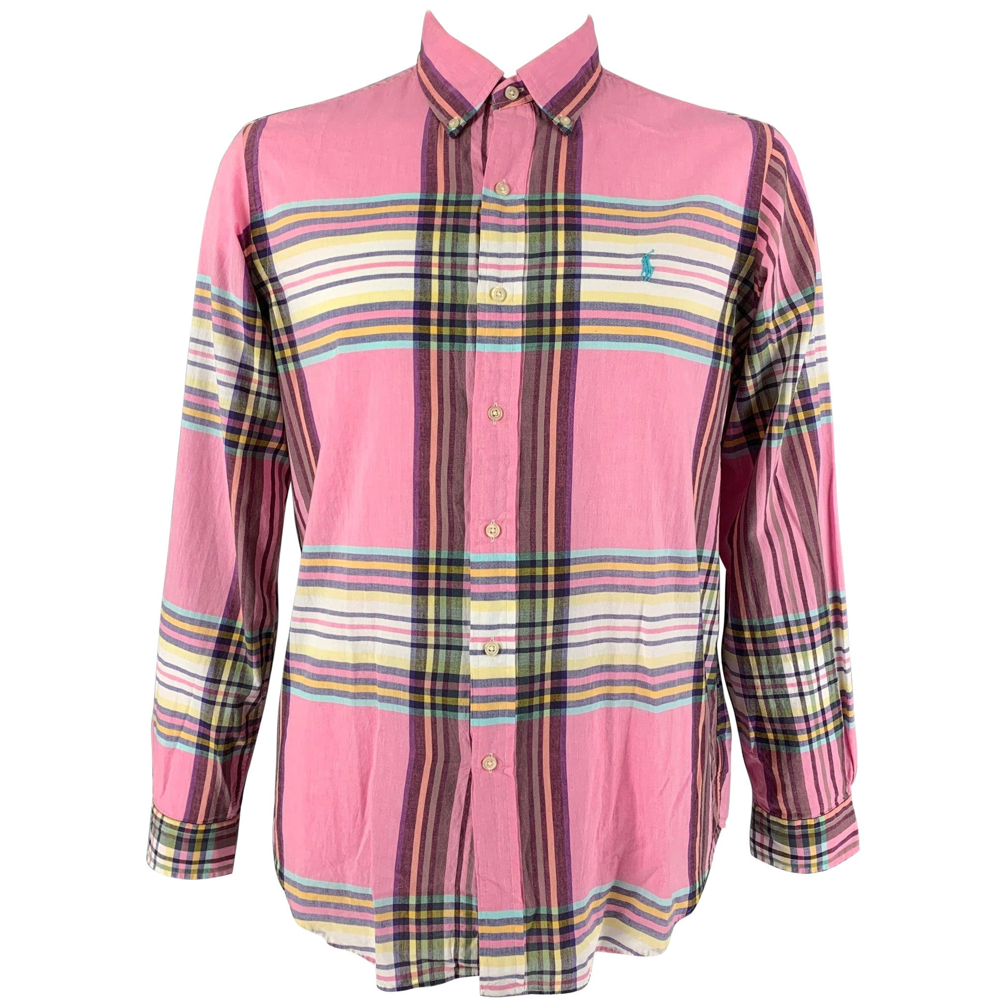 RALPH LAUREN Size L Pink Multi-Color Madras Cotton Button Down Long Sleeve Shirt For Sale