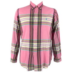 RALPH LAUREN Rosa mehrfarbiges langärmeliges Madras-Baumwollhemd mit Knopfleiste Größe L in Rosa