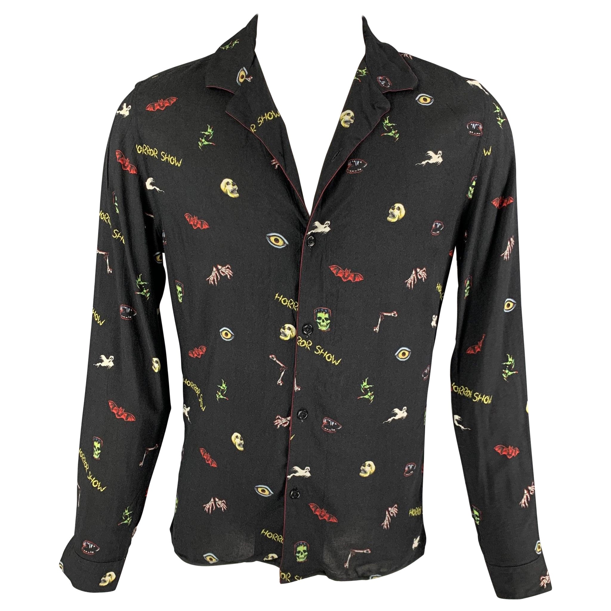 THE KOOPLES Size S Black Multi-Color Graphic Viscose Long Sleeve Shirt For Sale