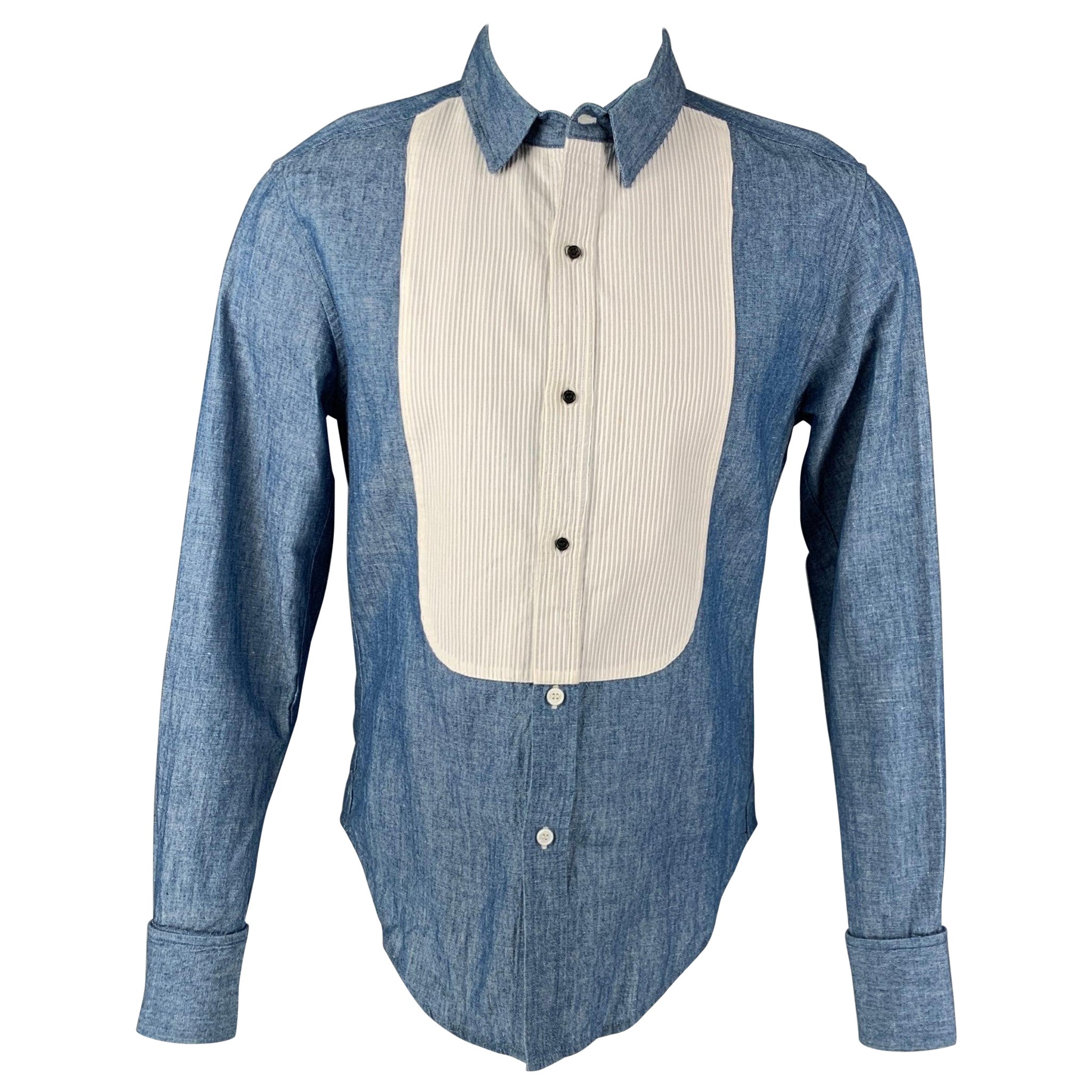 BAND OF OUTSIDERS Size M Blue and White Cotton & Linen Long Sleeve Shirt For Sale