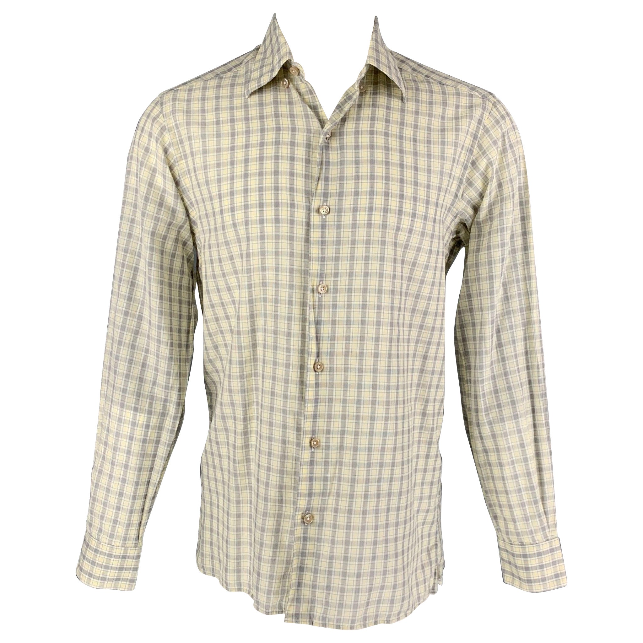 ERMENEGILDO ZEGNA Size M Yellow Blue Plaid Cotton Linen Long Sleeve Shirt For Sale