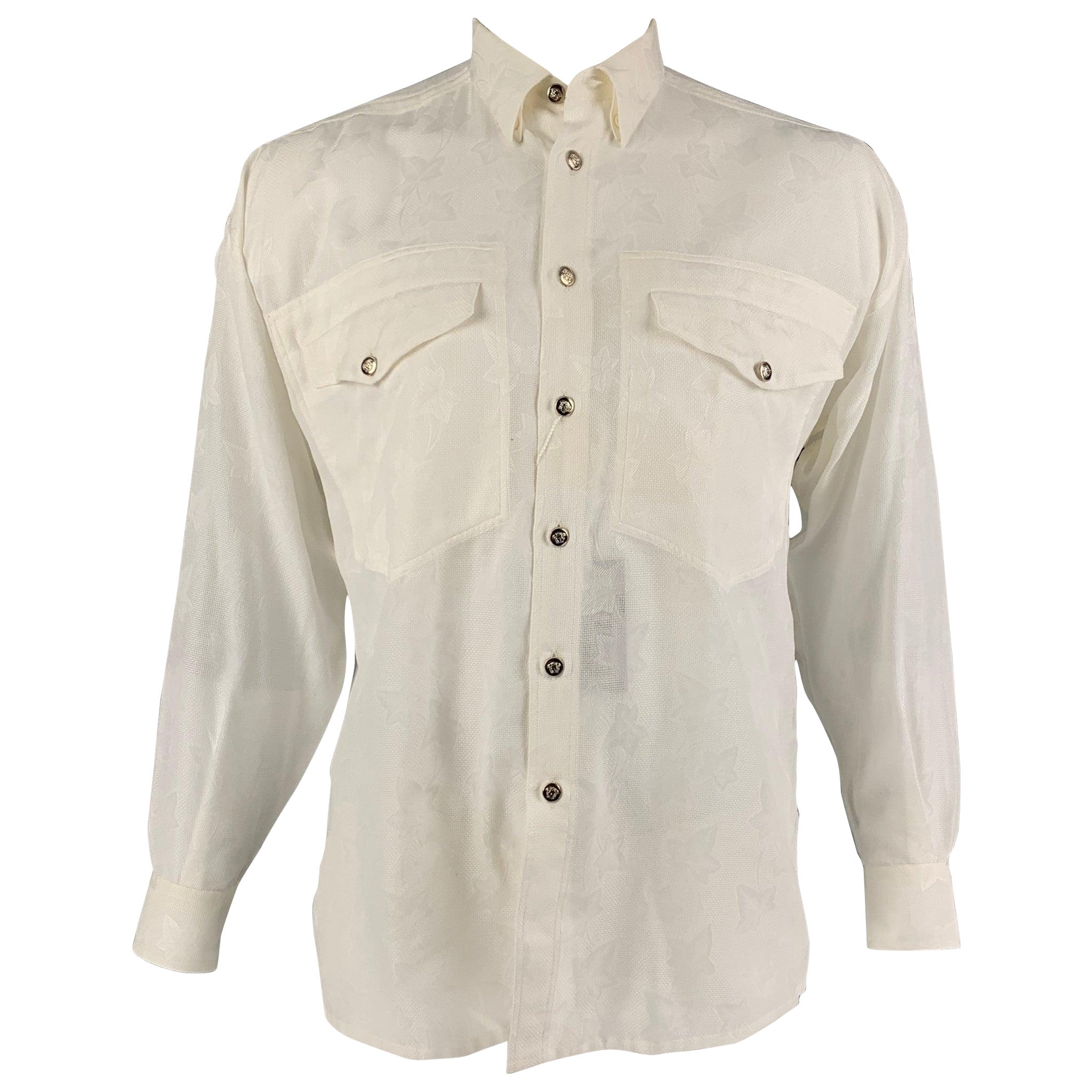Vintage GIANNI VERSACE Size XS White Cotton Patch Pockets Long Sleeve Shirt For Sale