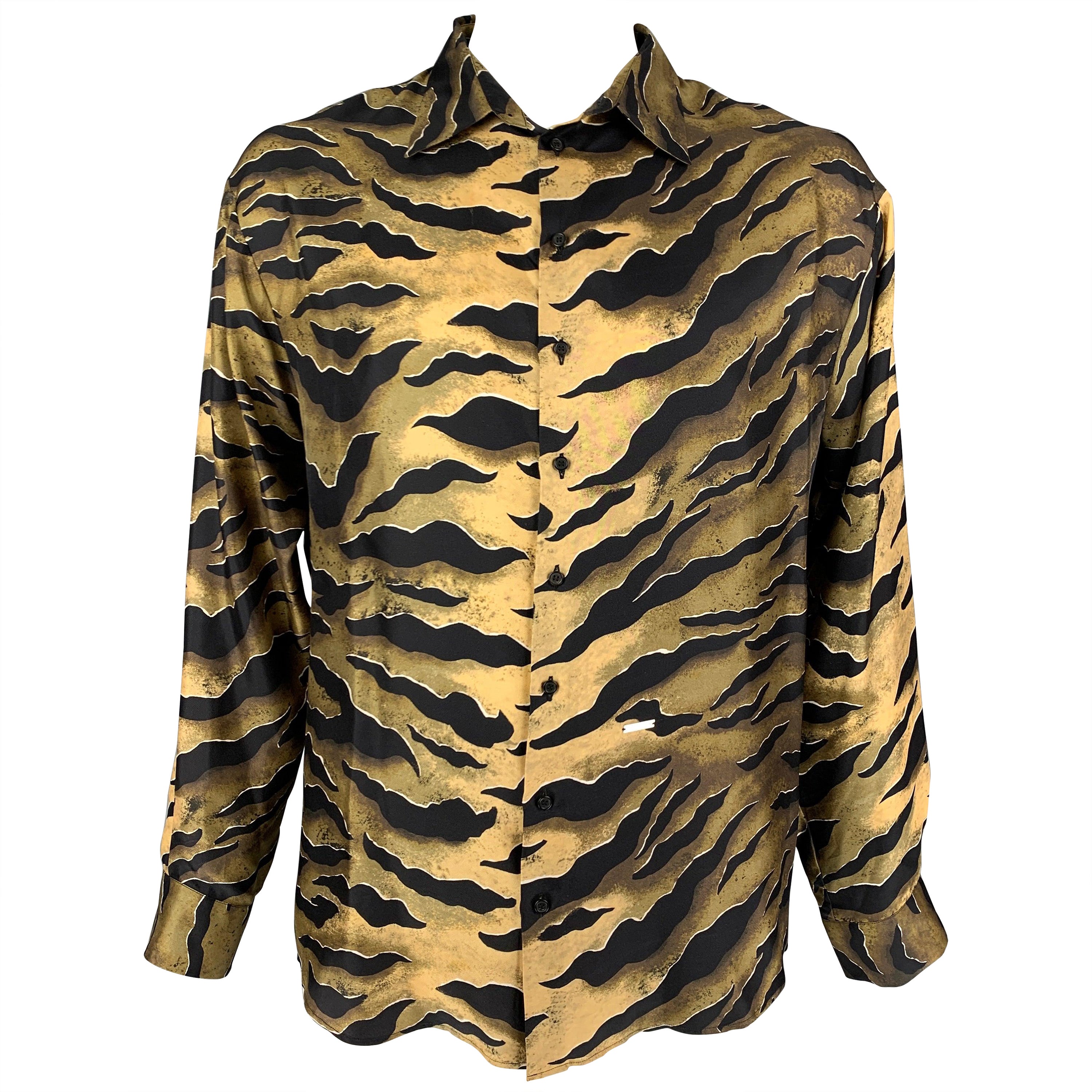 DSQUARED2 Size L Olive Black Tan Print Silk Button Up Long Sleeve Shirt For Sale
