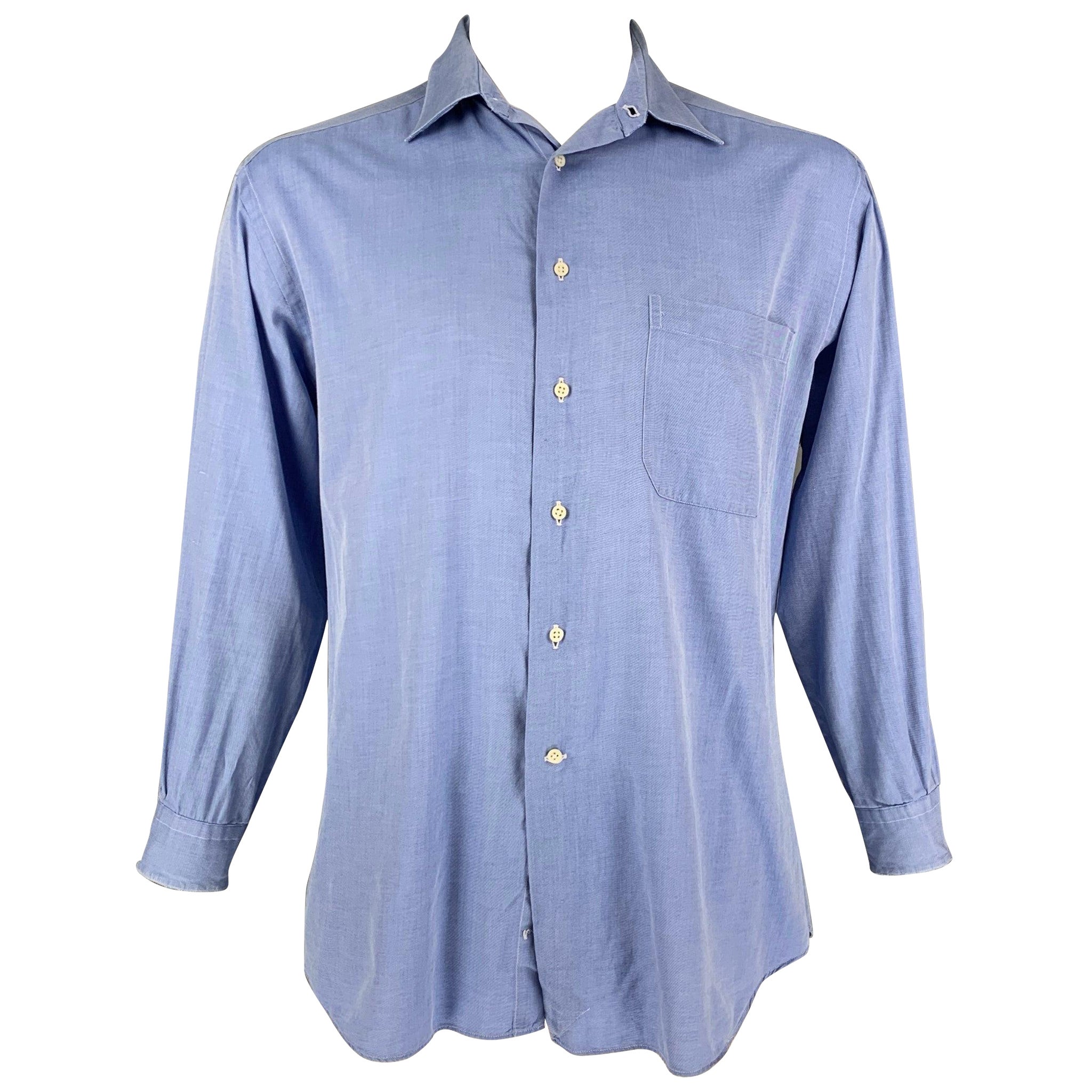 ERMENEGILDO ZEGNA Size L Blue Cotton Button Up Long Sleeve Shirt For Sale