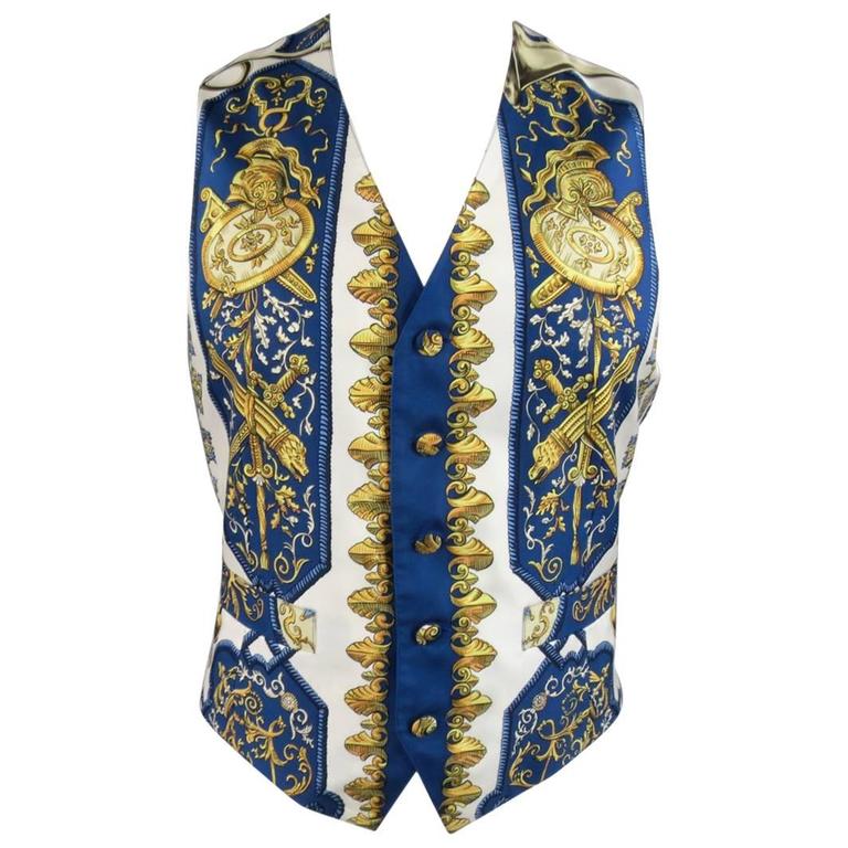 Vintage HERMES 42 Blue White and Gold Ludovicus Magnus Louis XIV Silk Vest  at 1stDibs