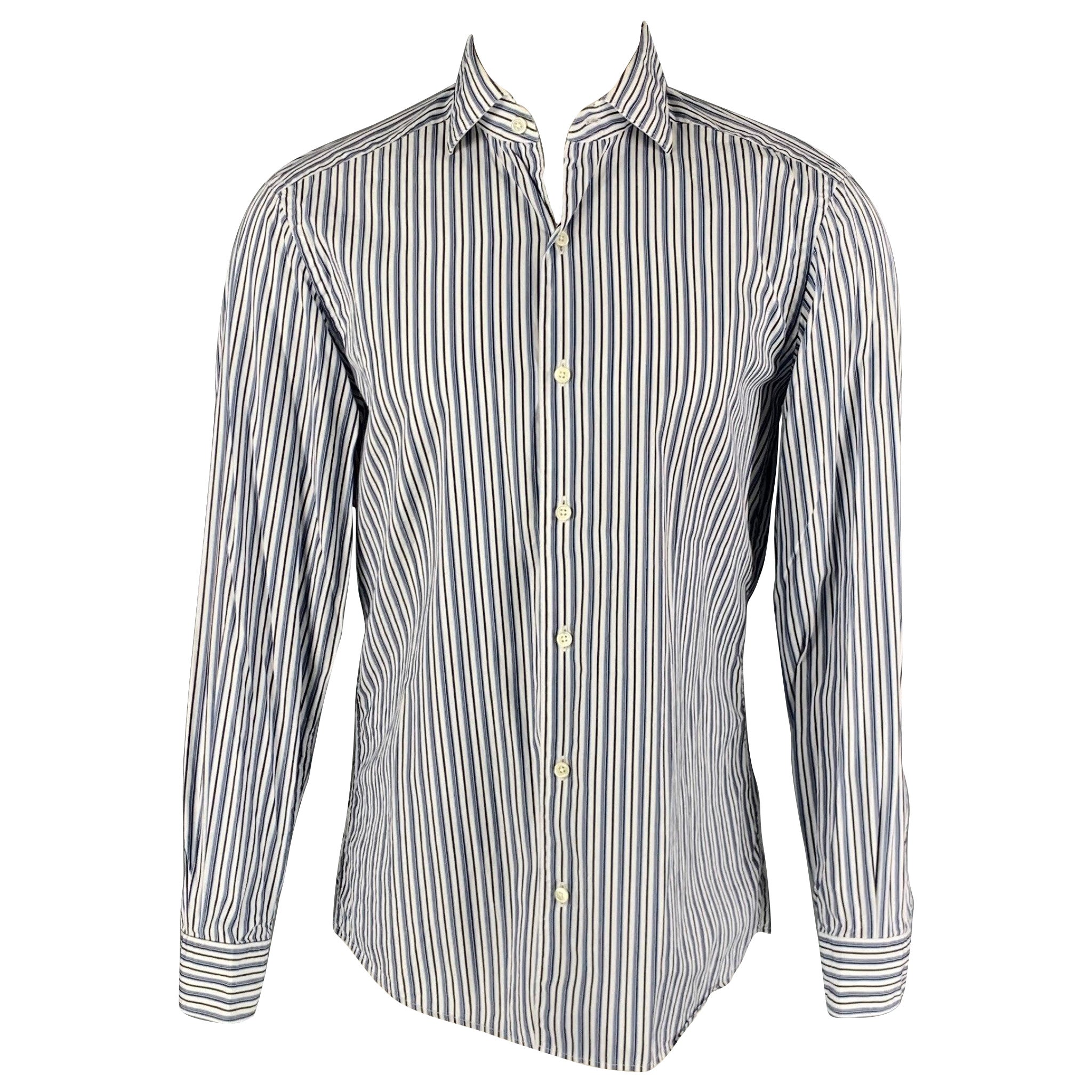 ERMENEGILDO ZEGNA Size M White & Navy Stripe Cotton Long Sleeve Shirt For Sale