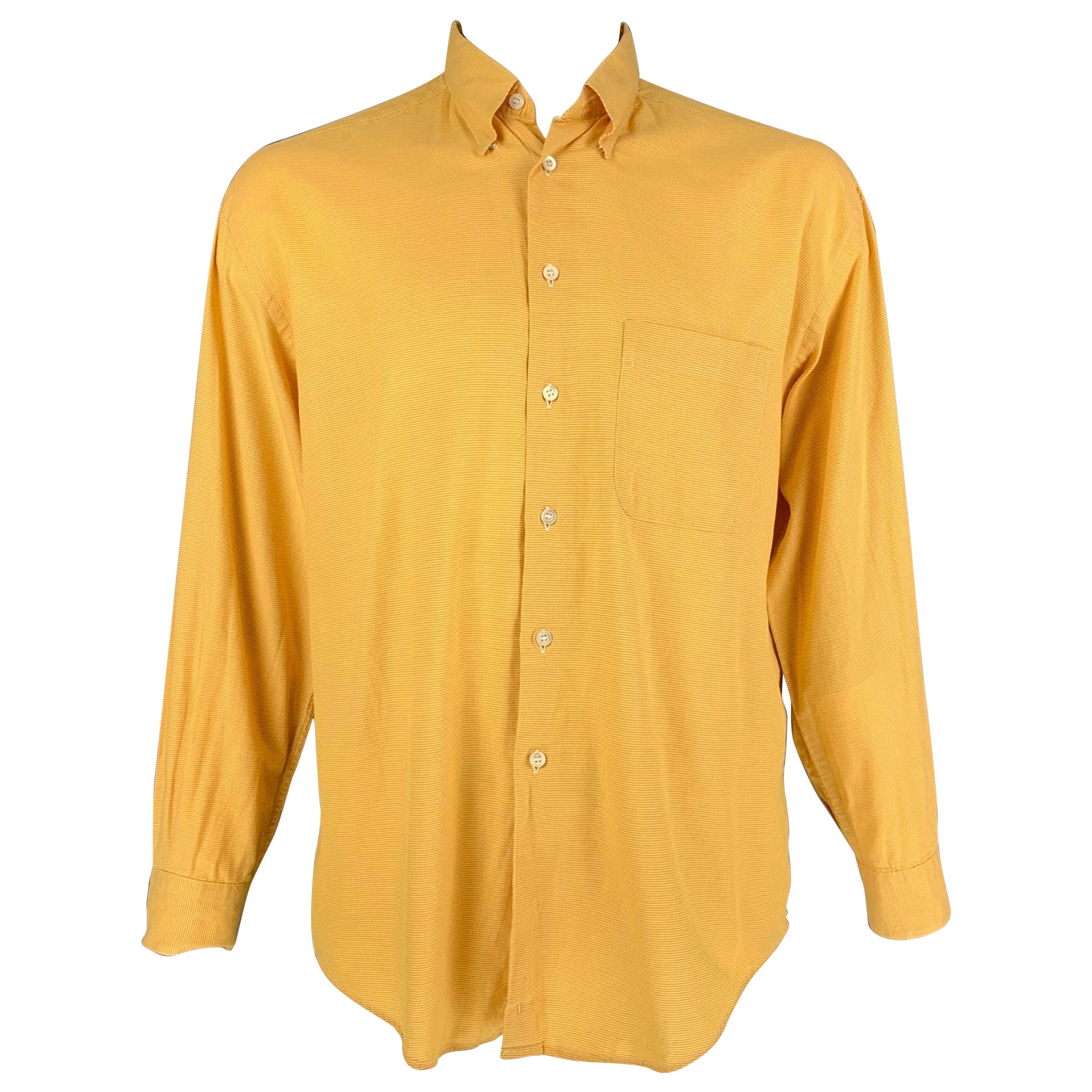 ERMENEGILDO ZEGNA Soft Size L Yellow Nailhead Cotton Button Up Long Sleeve Shirt For Sale