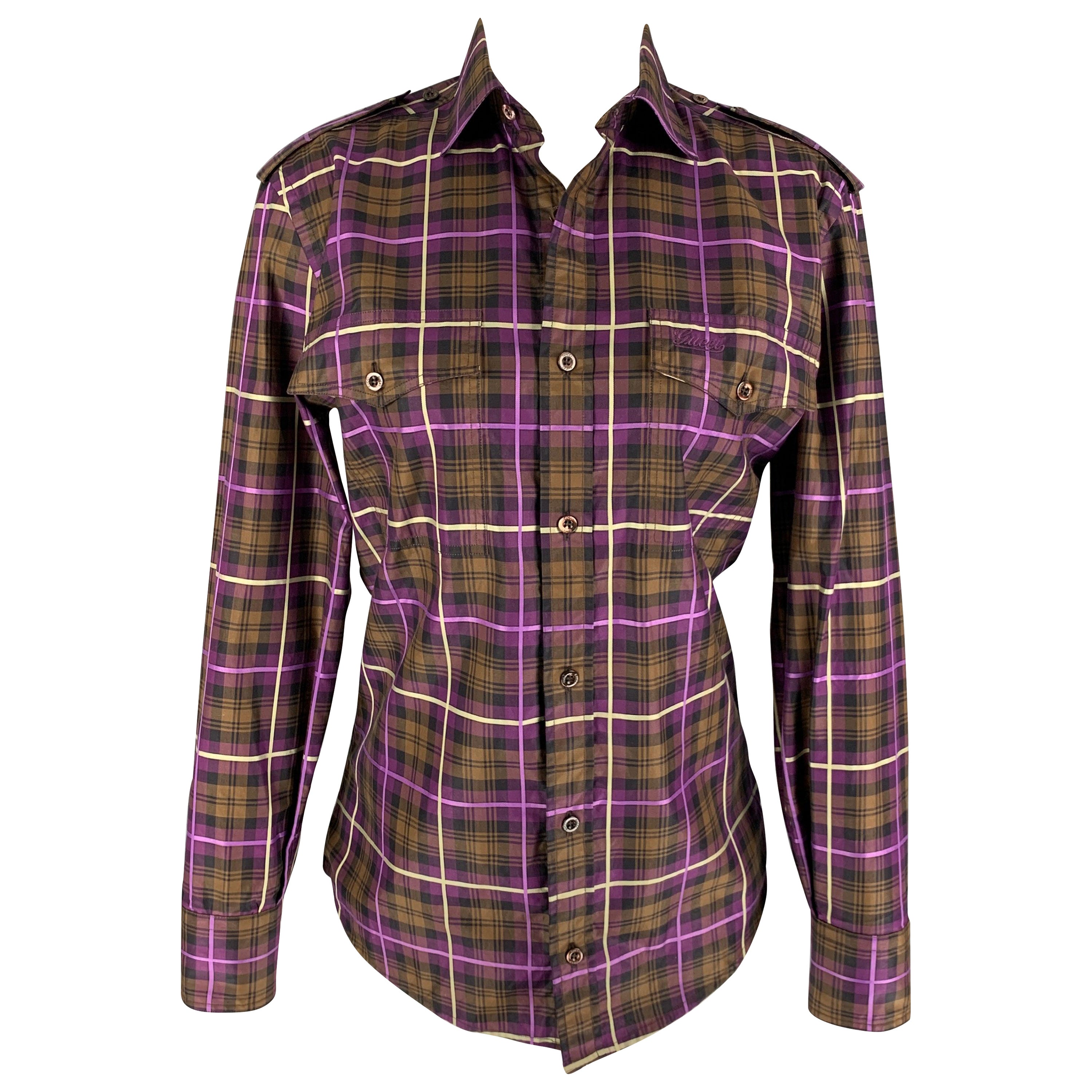 GUCCI Size XS Purple Brown Plaid Button Up Long Sleeve Shirt For Sale