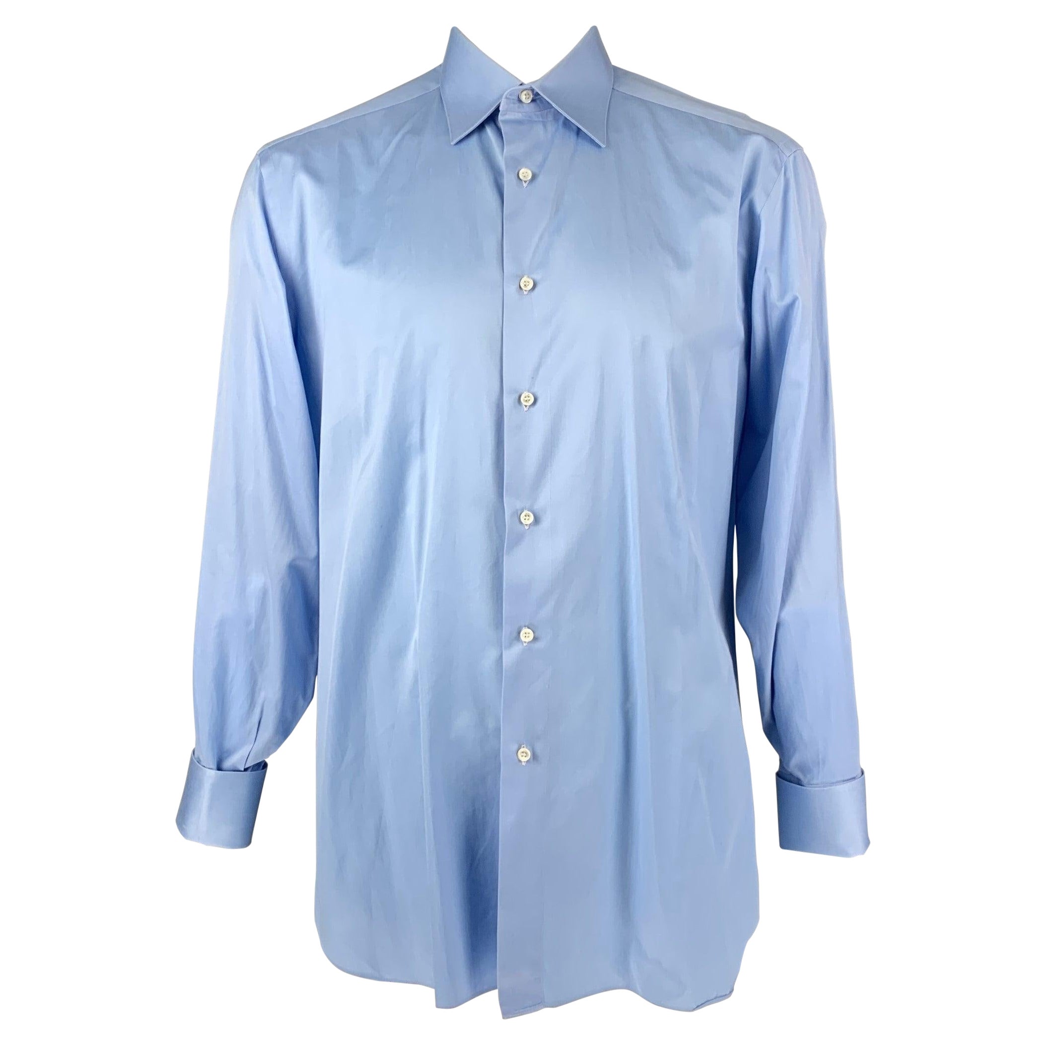BRIONI Size L Light Blue Solid Cotton French Cuff Long Sleeve Shirt For Sale