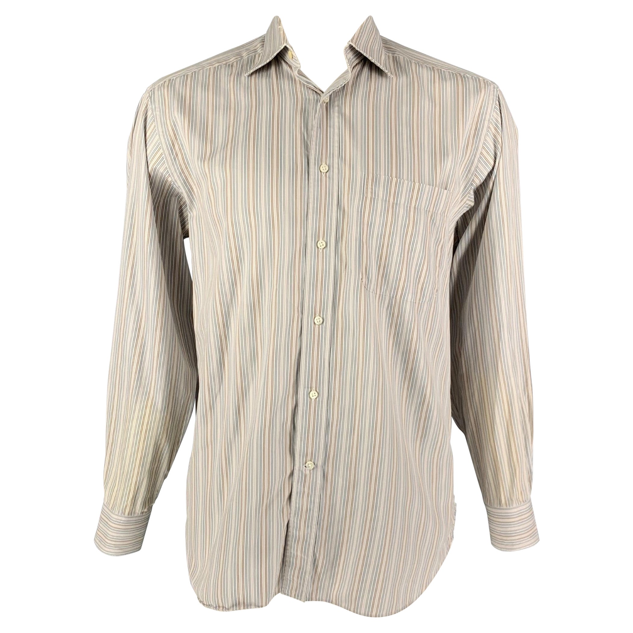 ERMENEGILDO ZEGNA Size L White Blue Stripe Cotton Button Up Long Sleeve Shirt For Sale