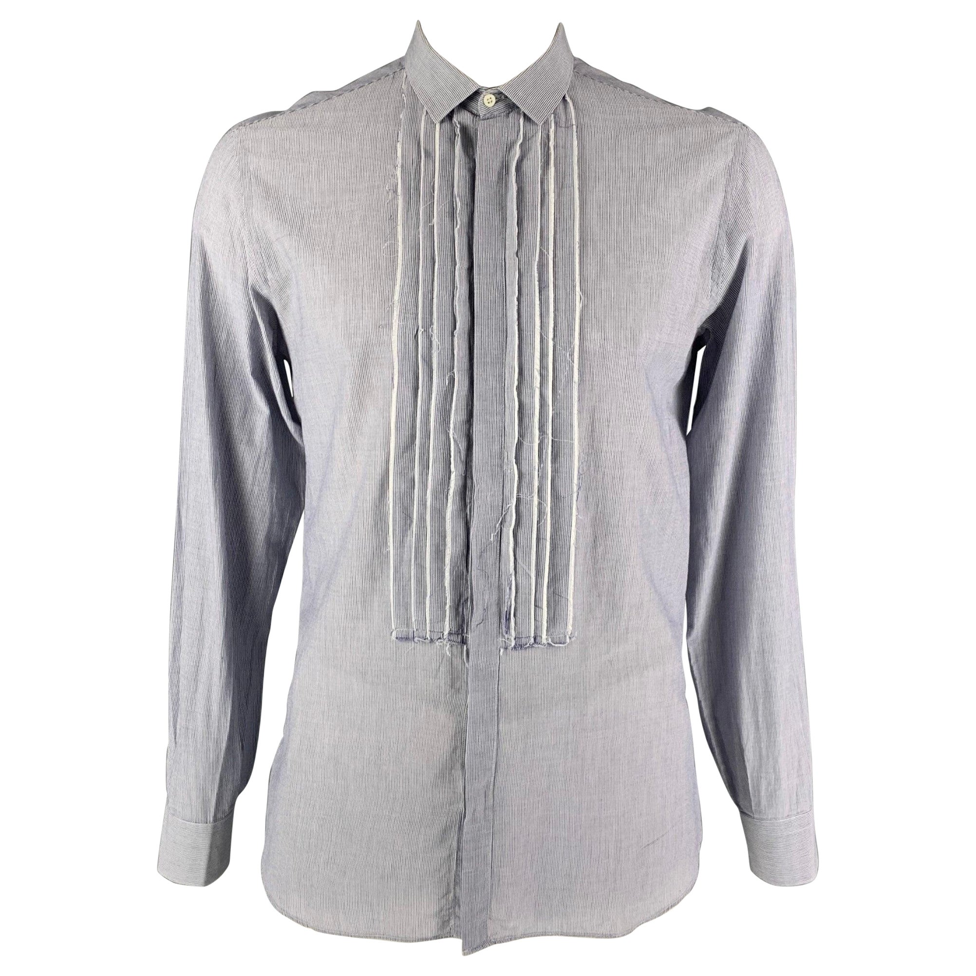 NEIL BARRETT Size L Blue Stripe Cotton Raw Edge Slim Fit Long Sleeve Shirt For Sale