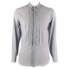 NEIL BARRETT Size L Blue Stripe Cotton Raw Edge Slim Fit Long Sleeve Shirt