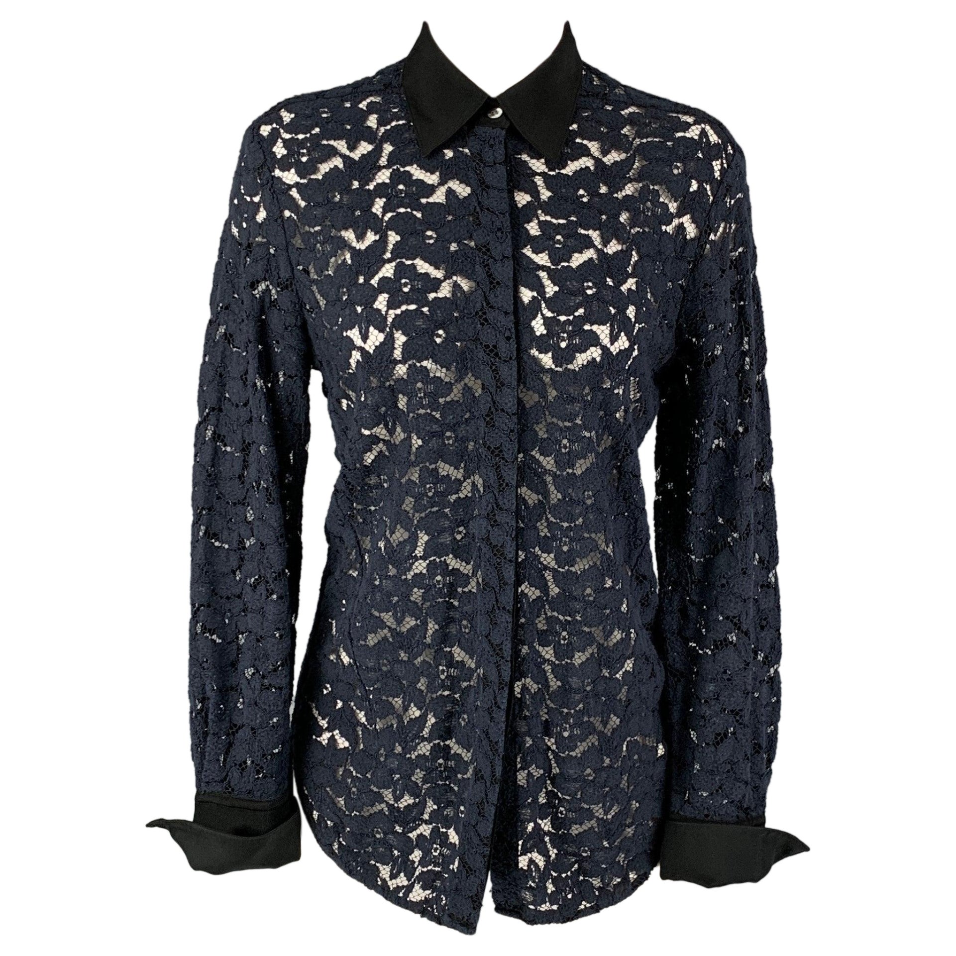 3.1 PHILLIP LIM Navy Lace Hidden Placket Size 4 Black Viscose Blend Shirt For Sale