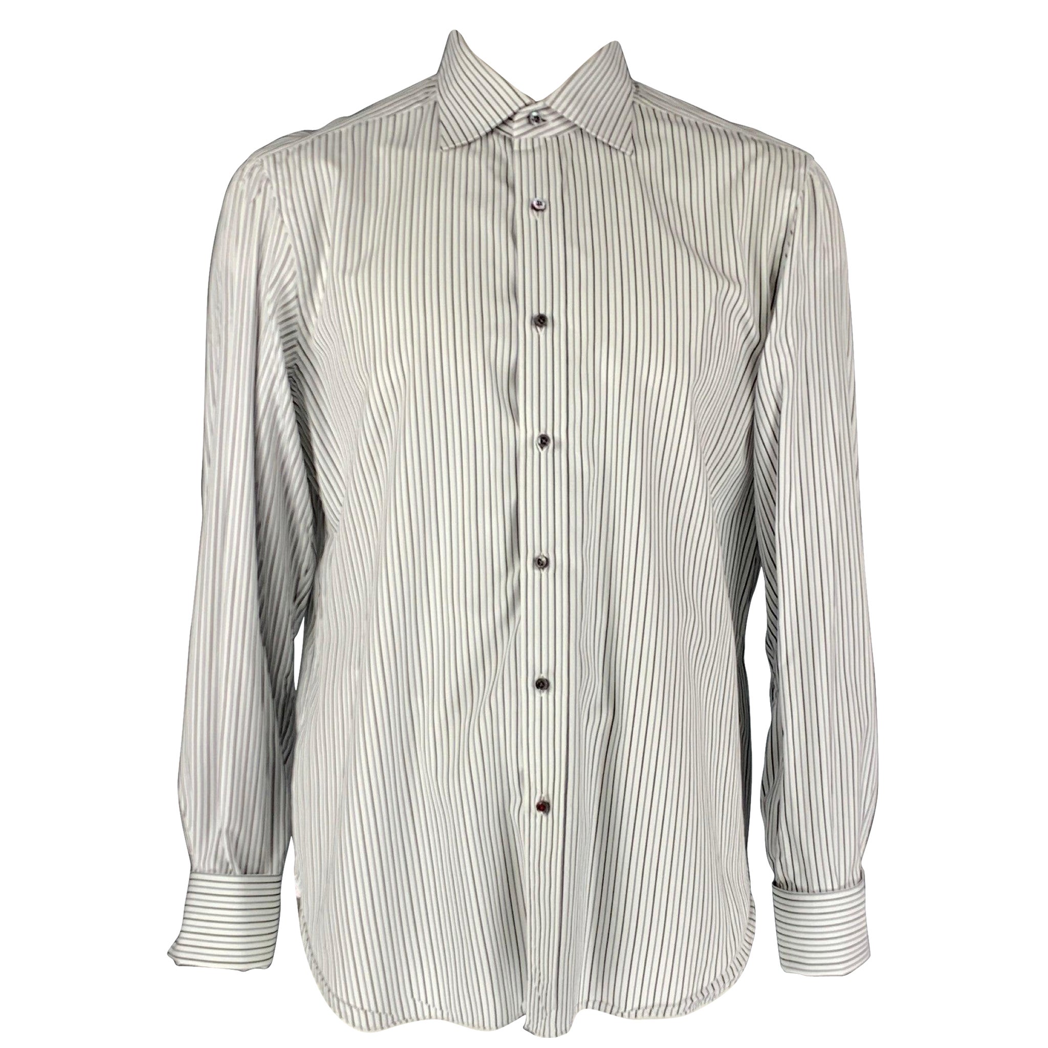 ISAIA Size L Stripe White &  Black Cotton French Cuff  Long Sleeve Shirt For Sale