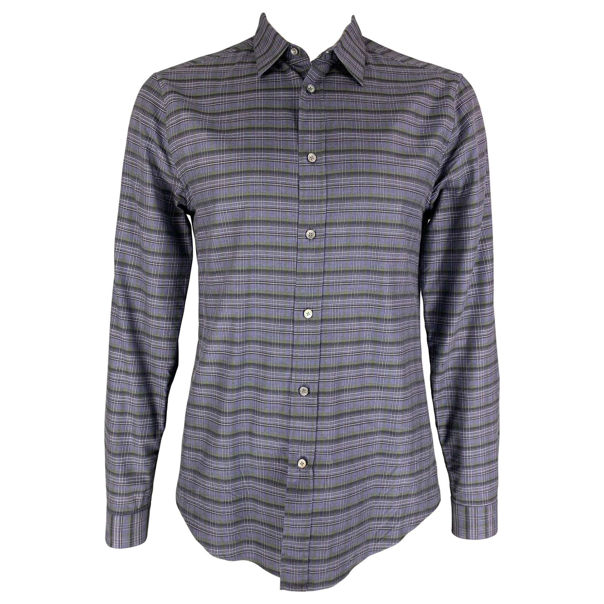 LOUIS VUITTON Size XL Purple Black Green Plaid Cotton Long Sleeve Shirt For Sale