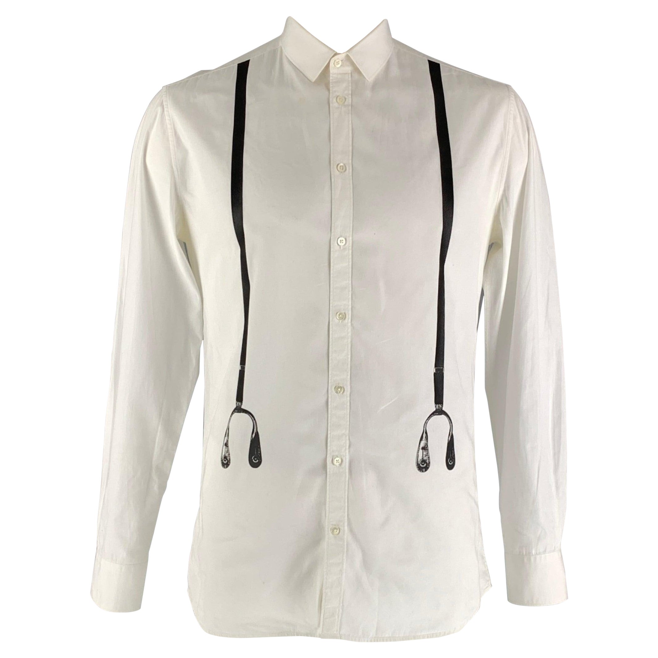 NEIL BARRETT Size L White Black Print Cotton Button Up Long Sleeve Shirt For Sale
