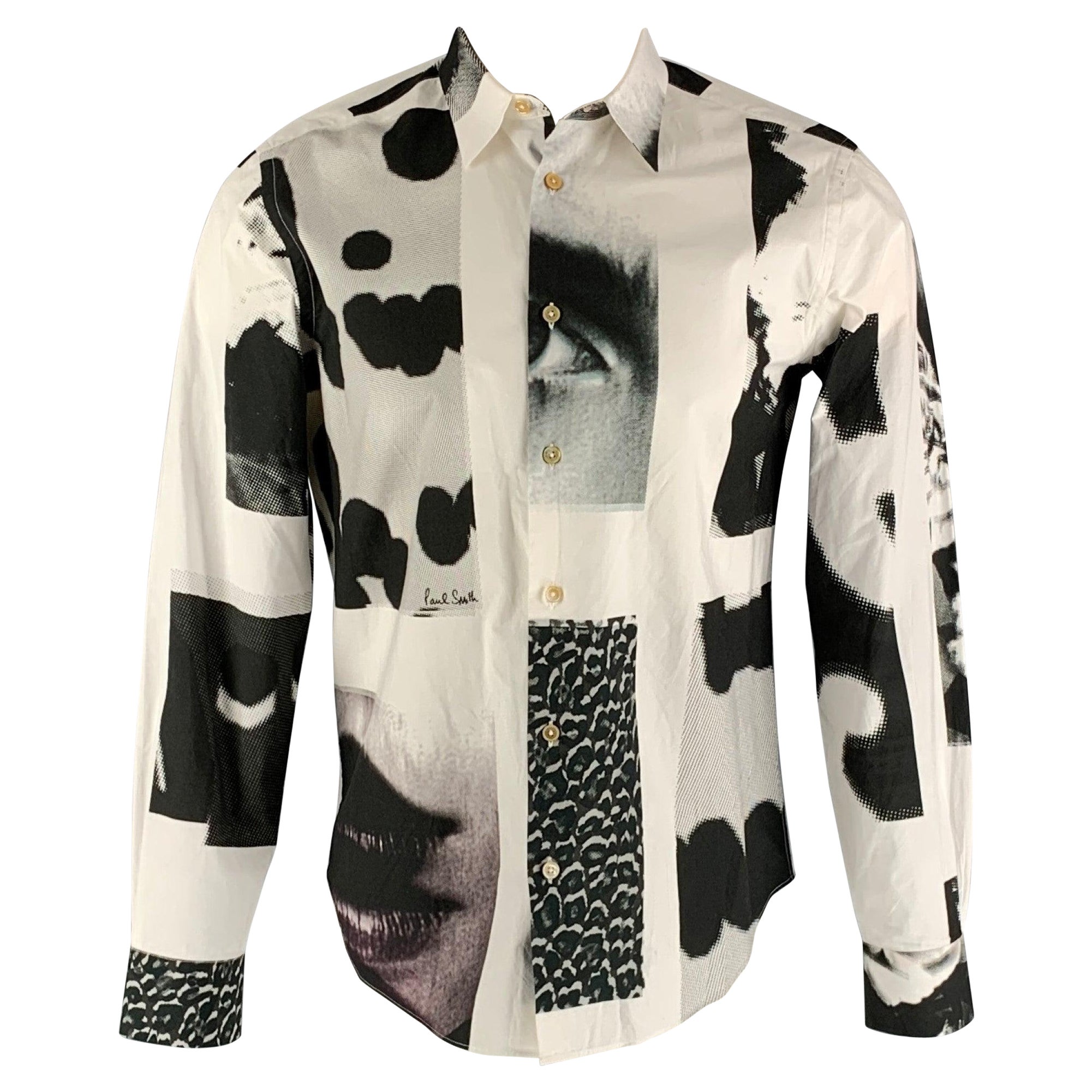 PAUL SMITH Size M White &  Black Print Cotton Button Up Long Sleeve Shirt For Sale