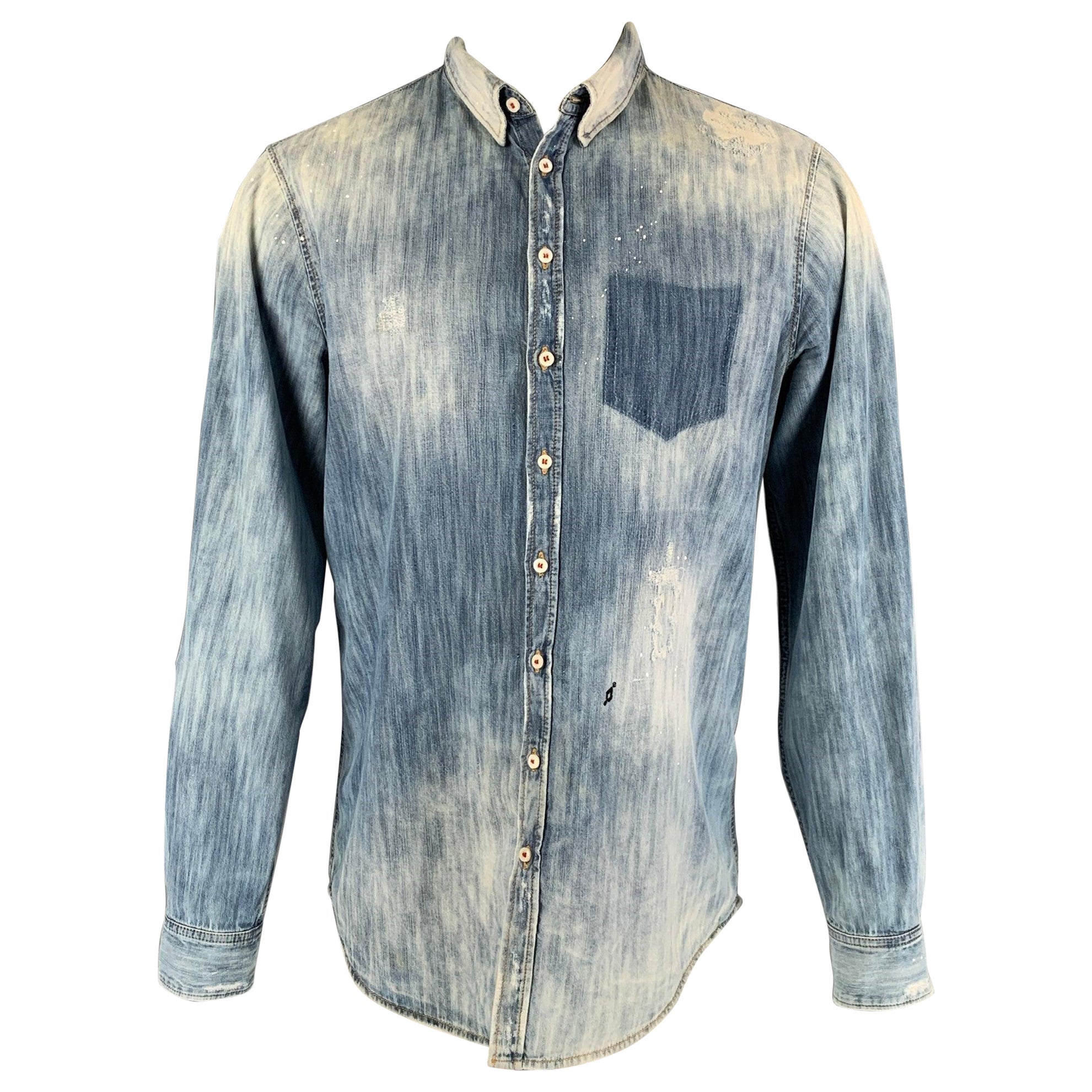 DSQUARED2 Size M Blue Distressed Cotton Denim Long Sleeve Shirt For Sale
