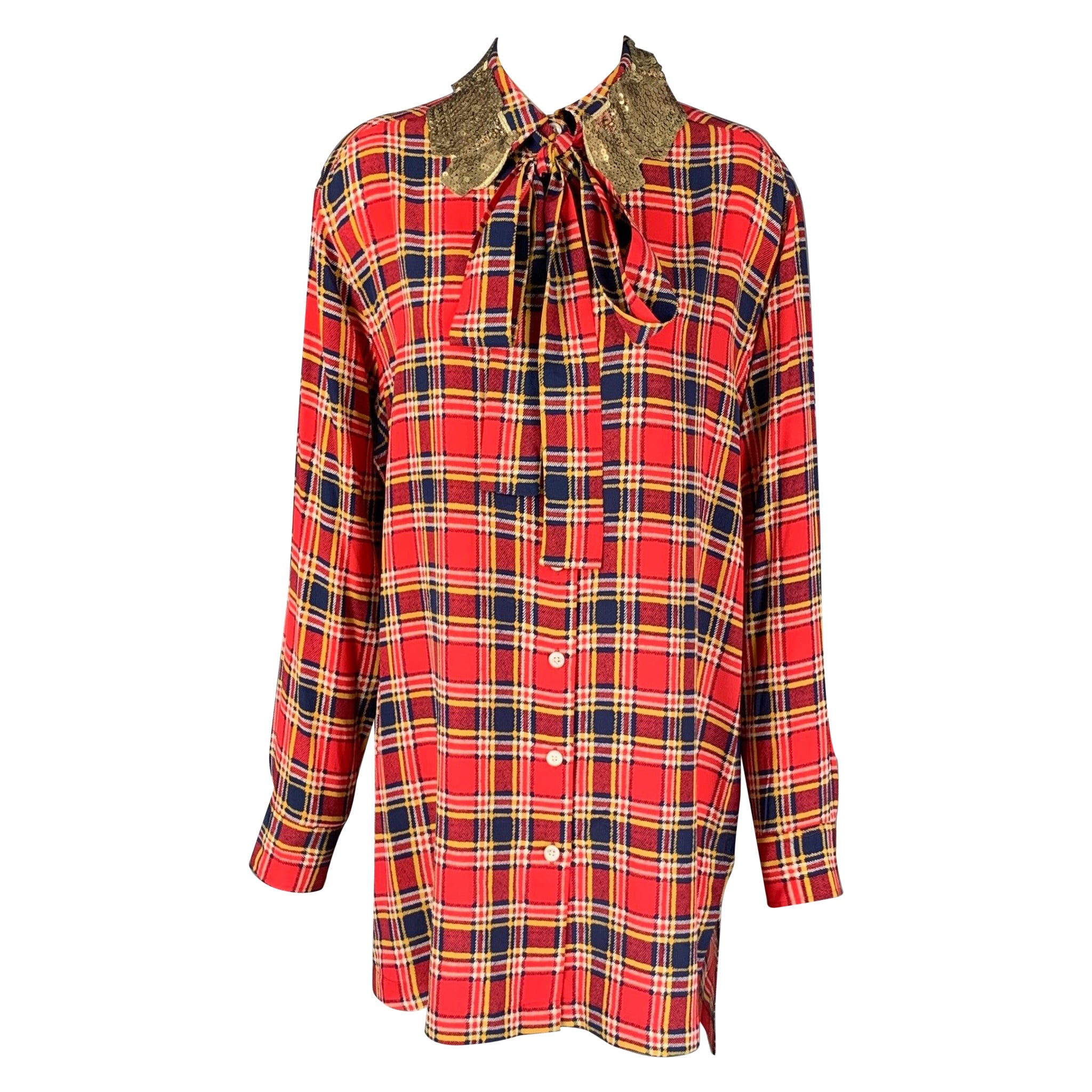 MARC JACOBS Size 4 Red & Blue Silk Plaid Sequin Collar Long Shirt For Sale