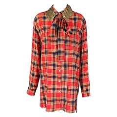 MARC JACOBS Size 4 Red & Blue Silk Plaid Sequin Collar Long Shirt