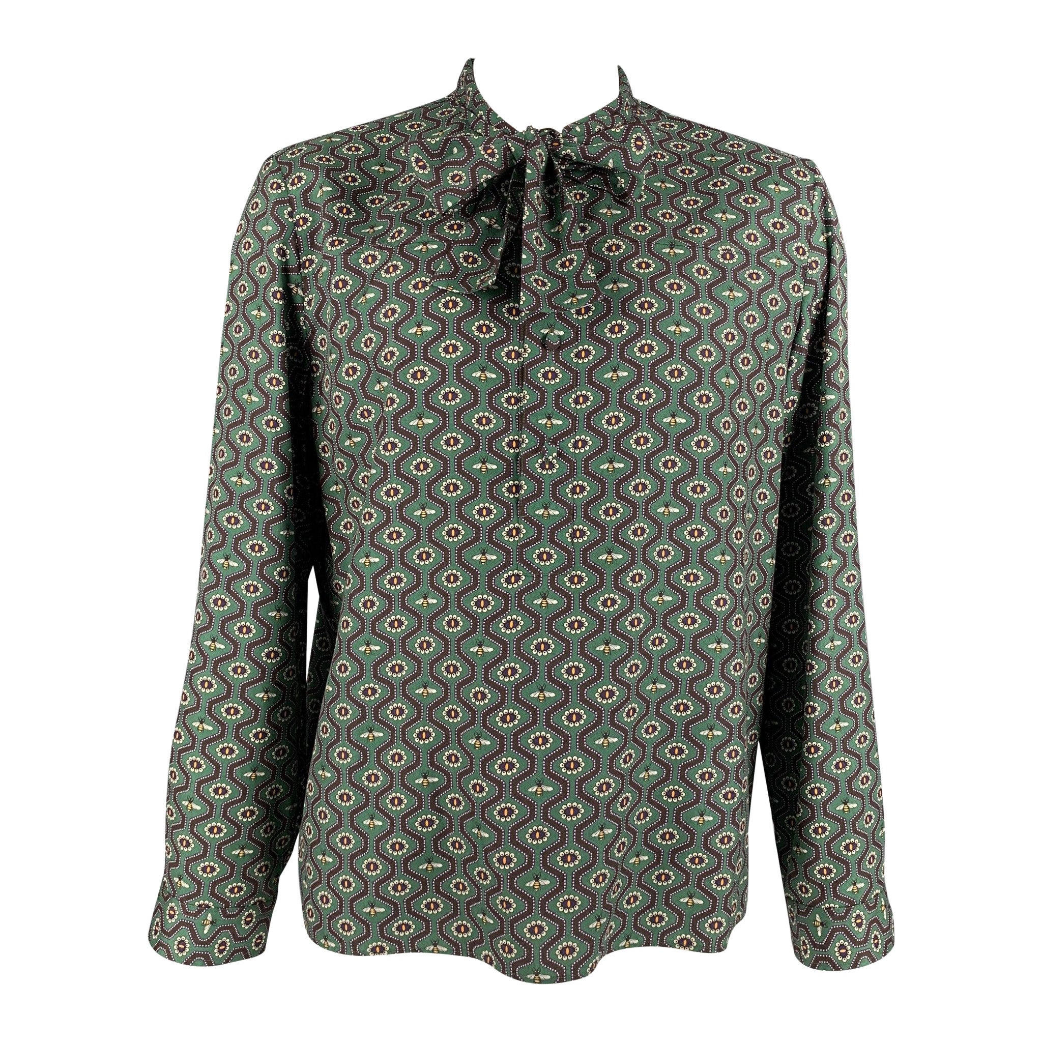 GUCCI Cambridge Size XL Green & Purple Pearl Cotton Button Up Long Sleeve Shirt For Sale