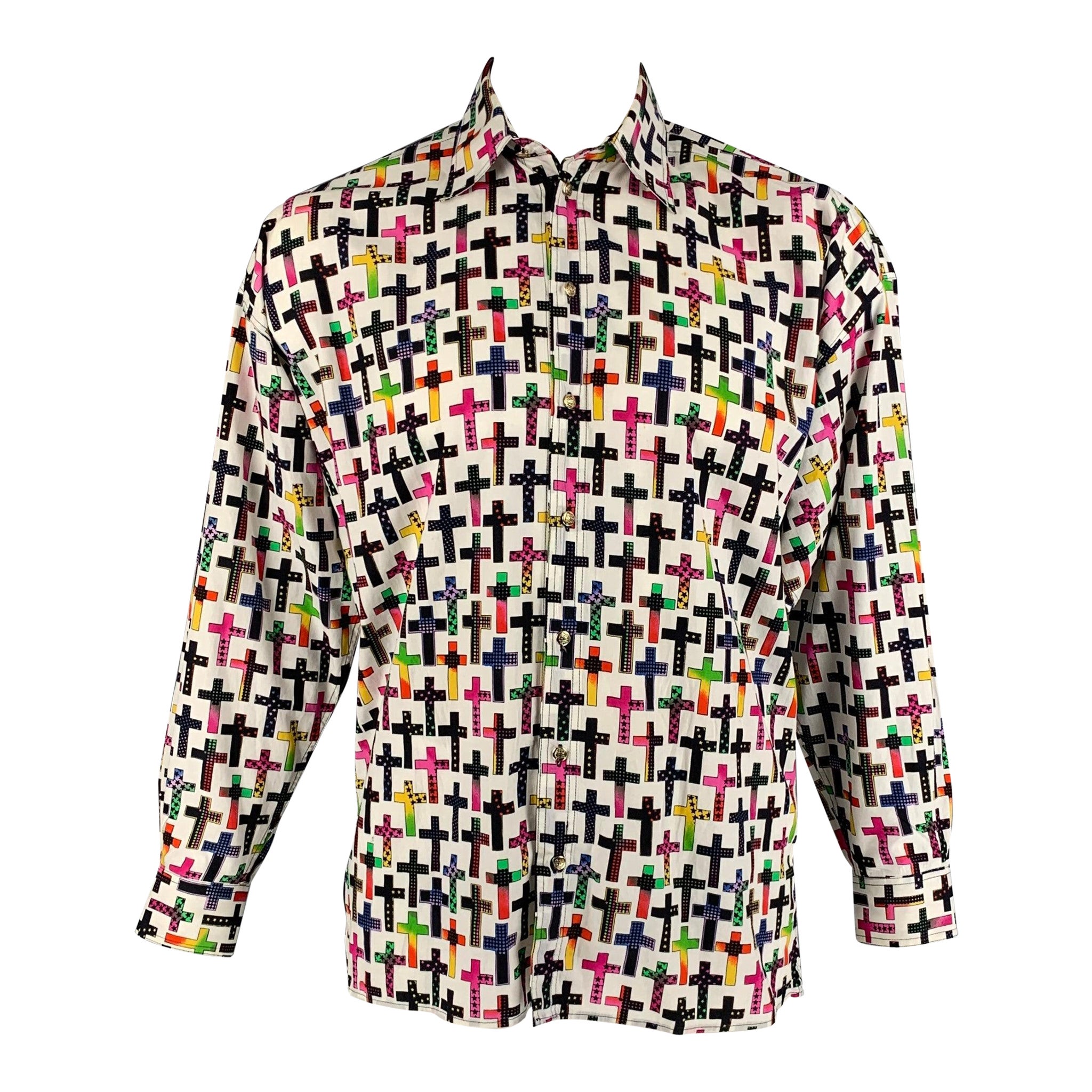 Vintage VERSACE JEANS COUTURE Size M Multi-Color Cotton Long Sleeve Shirt For Sale