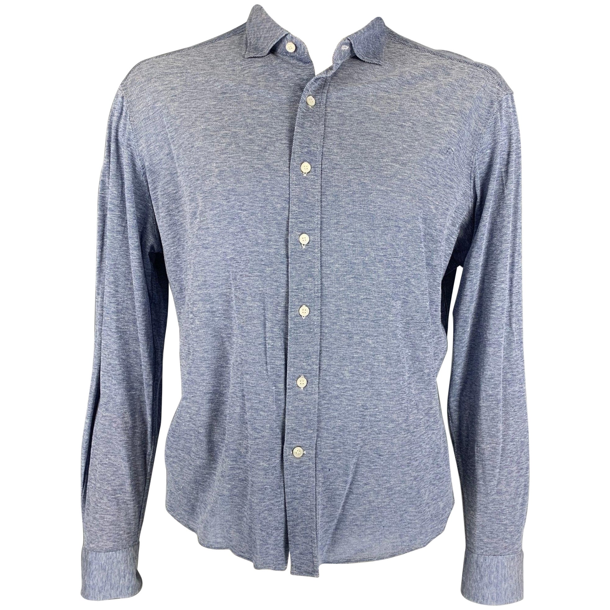 BERLUTI Size XXL Blue & White Cotton / Linen Button Down Long Sleeve Shirt For Sale