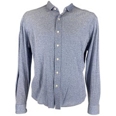 BERLUTI Size XXL Blue & White Cotton / Linen Button Down Long Sleeve Shirt
