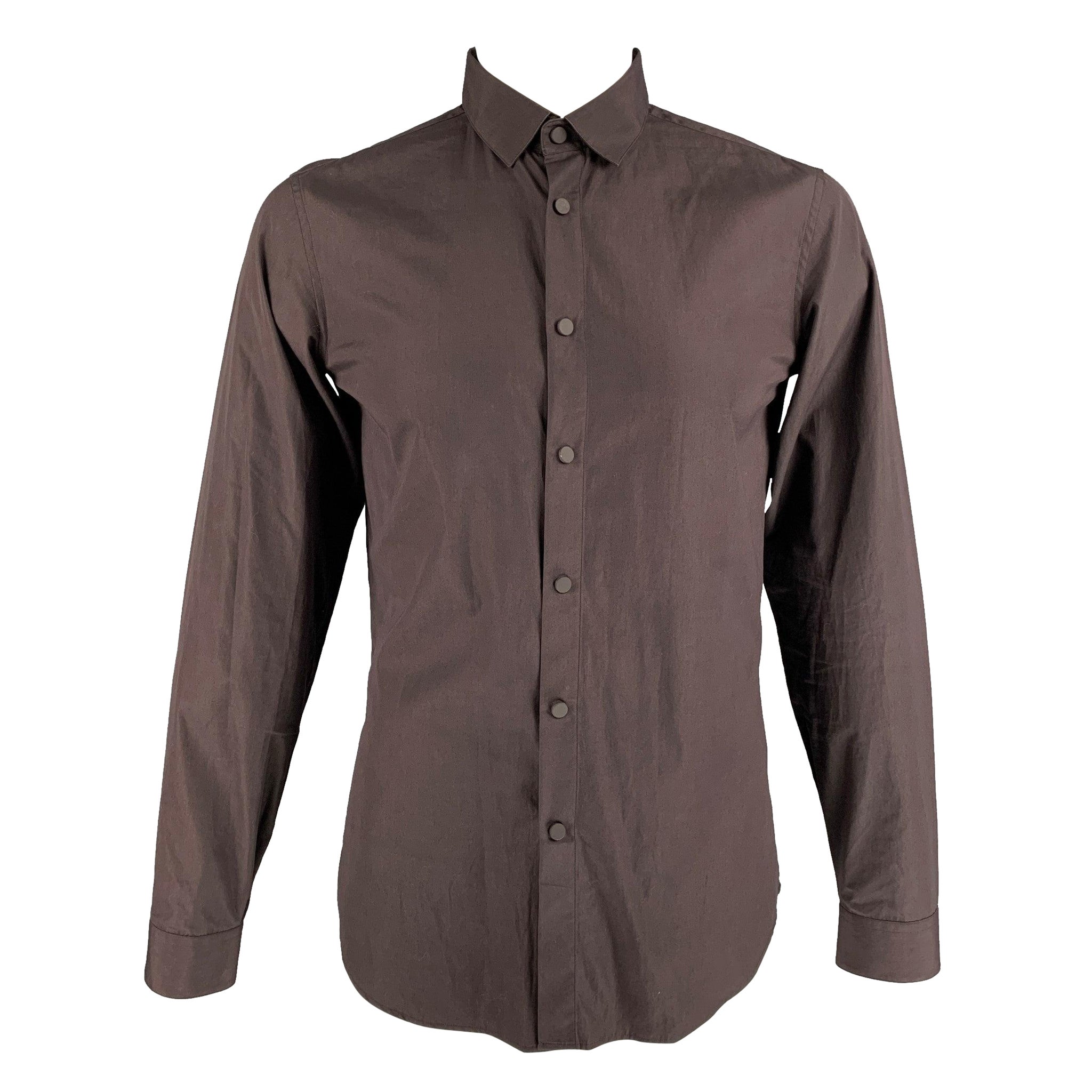 CALVIN KLEIN COLLECTION Size L Solid  Brown  Cotton Snaps  Long Sleeve Shirt For Sale