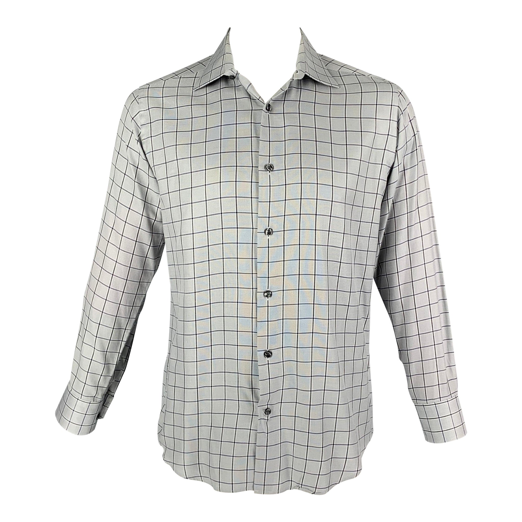 SAKS FIFTH AVENUE Size XL Blue Plaid Cotton Button Down Long Sleeve Shirt For Sale