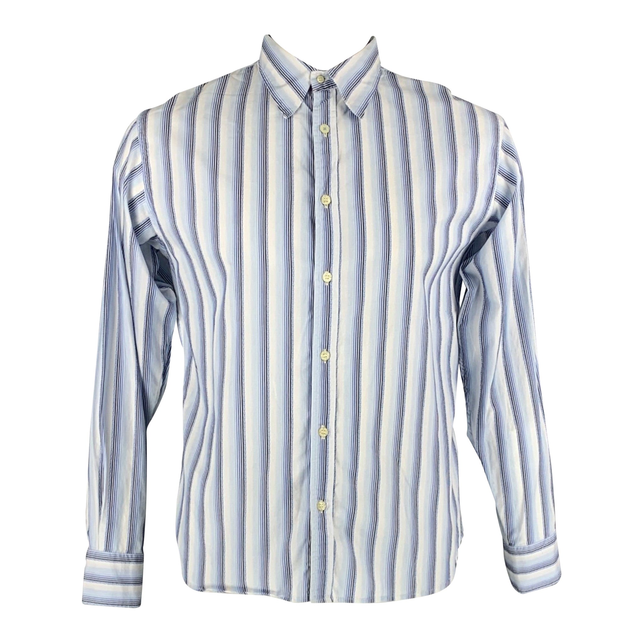 PAUL SMITH Size L Blue Striped Trim Cotton Button Down Long Sleeve Shirt For Sale