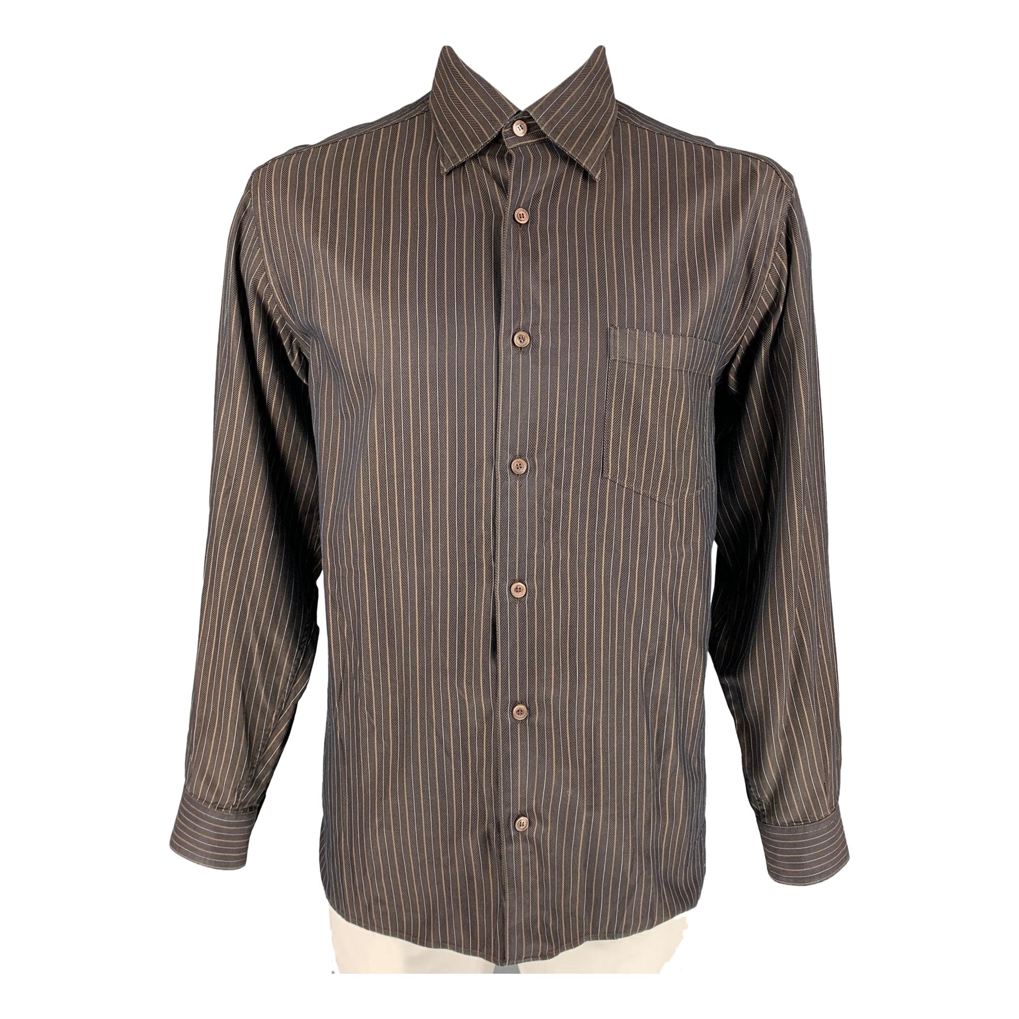 ERMENEGILDO ZEGNA Size L Brown Stripe Cotton Button Down Long Sleeve Shirt For Sale