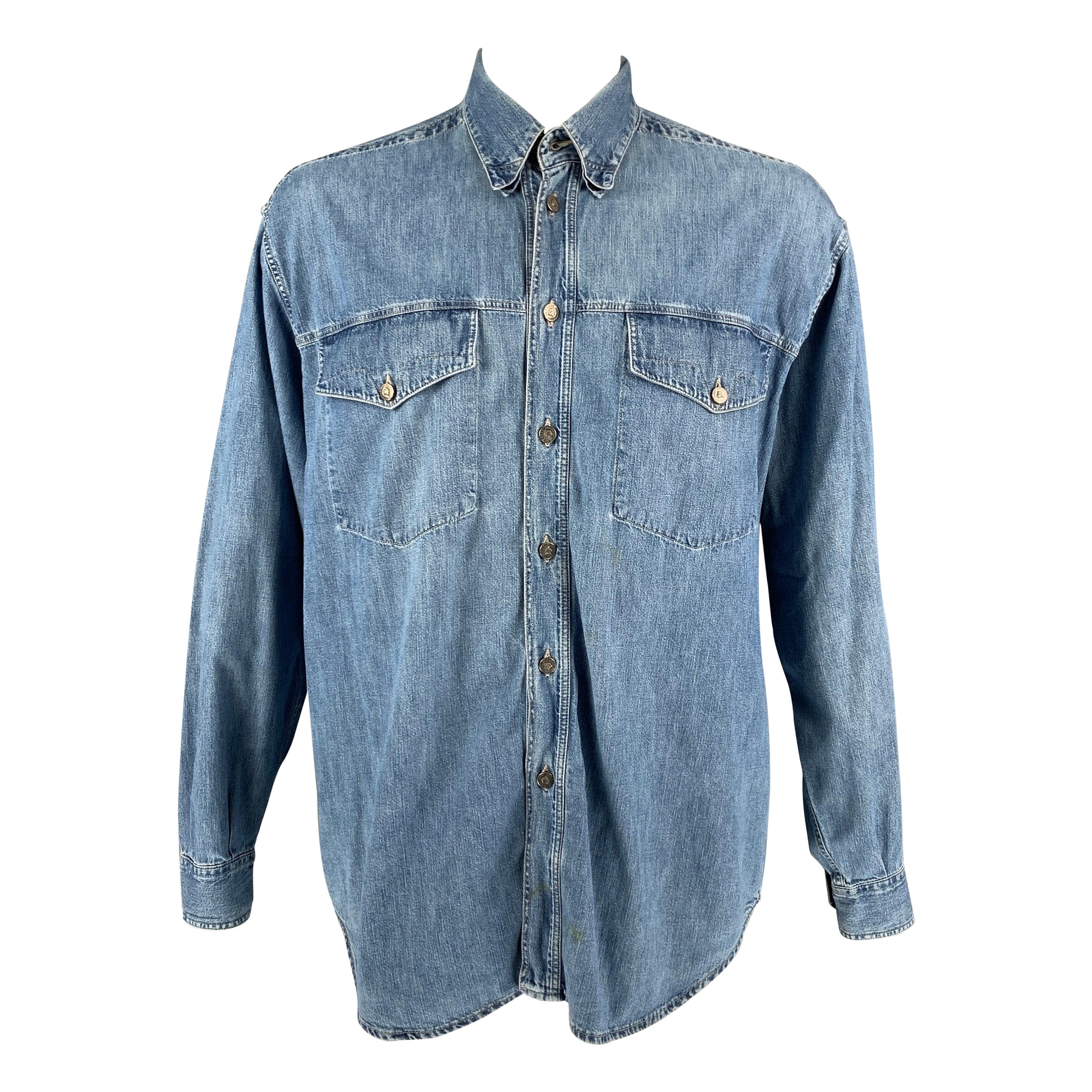 Vintage VERSACE JEANS COUTURE Size XL Blue Denim Patch Pockets Long Sleeve Shirt For Sale