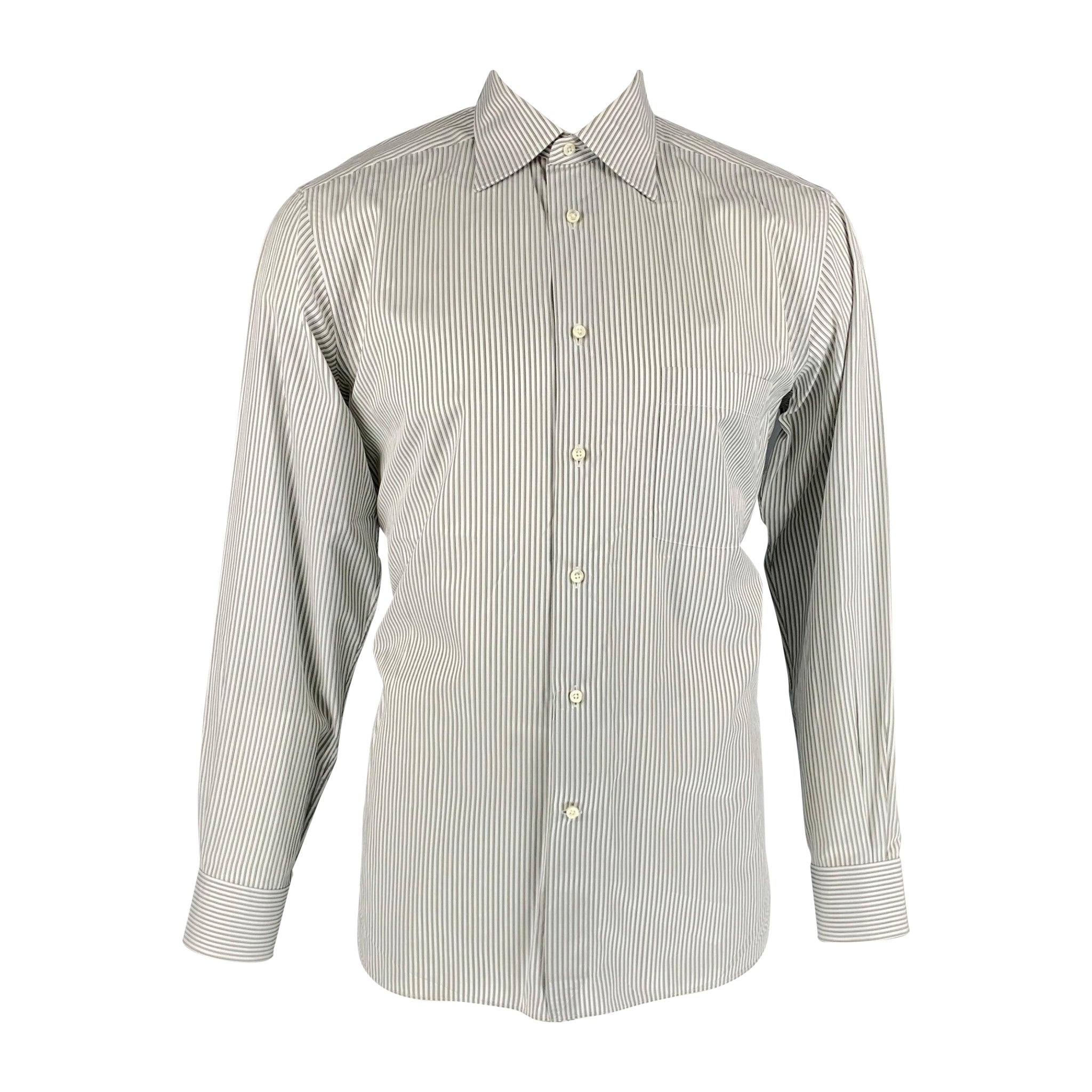 ERMENEGILDO ZEGNA Size L White Stripe Cotton Button Down Long Sleeve Shirt For Sale