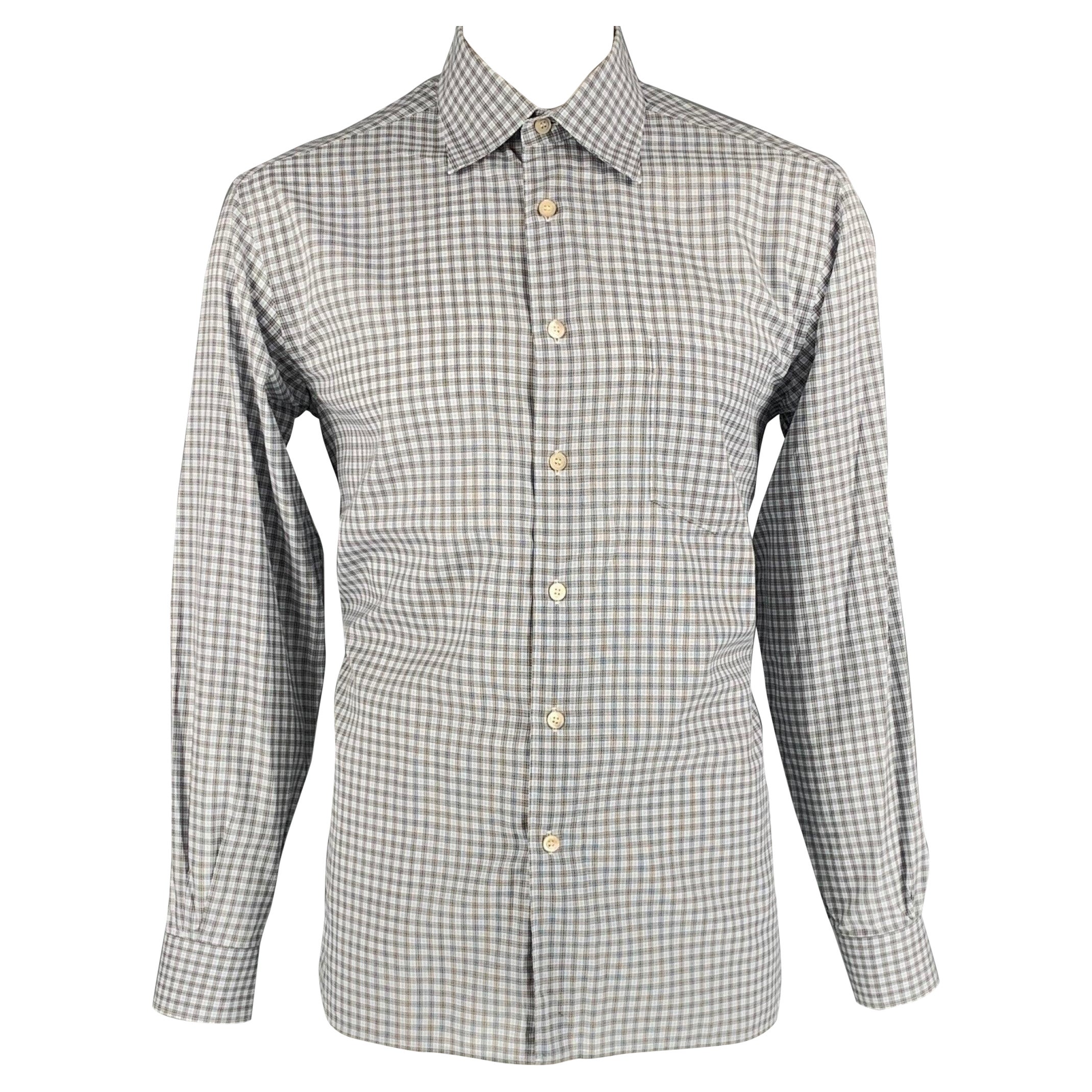 ERMENEGILDO ZEGNA Size L Blue & Brown Plaid Cotton Button Down Long Sleeve Shirt For Sale