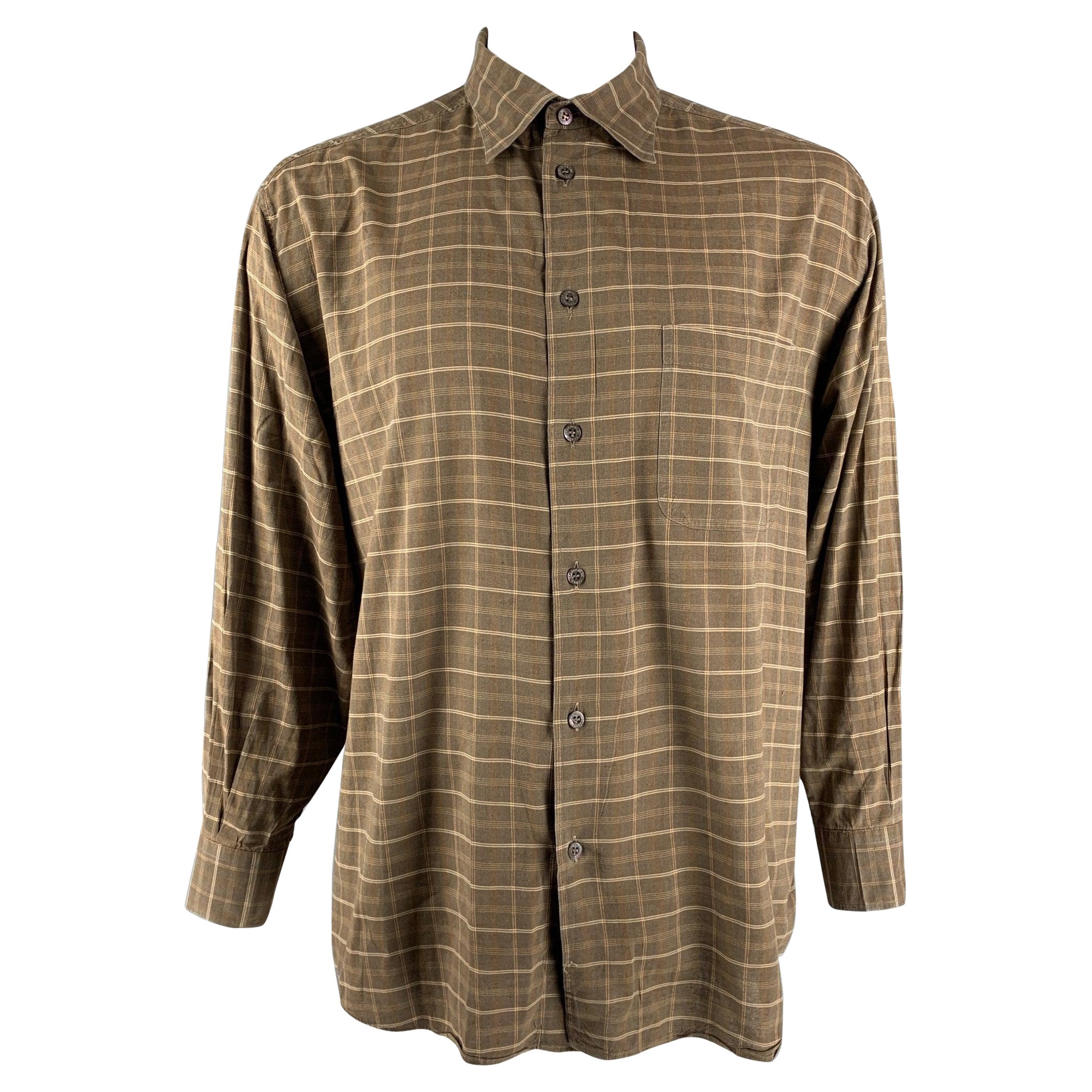 ERMENEGILDO ZEGNA Size XL Brown Plaid Cotton Button Down Long Sleeve Shirt For Sale