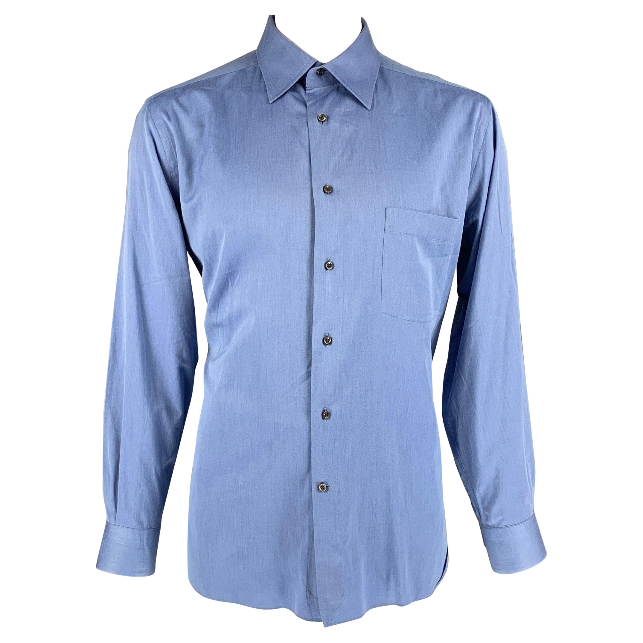 ERMENEGILDO ZEGNA Size XL Blue Solid Cotton Button Down Long Sleeve Shirt For Sale