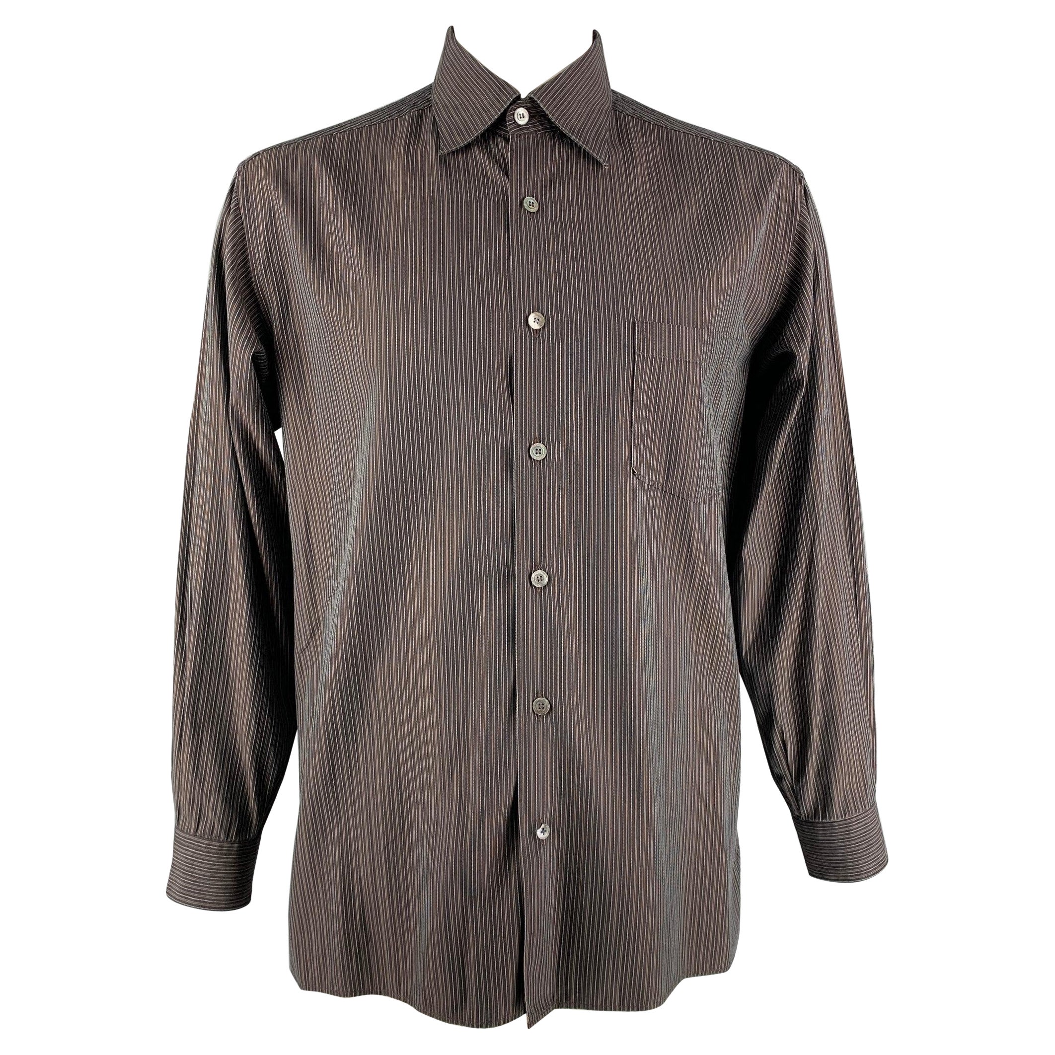 ERMENEGILDO ZEGNA - Chemise à manches longues en coton à rayures marron avec boutons, taille L en vente