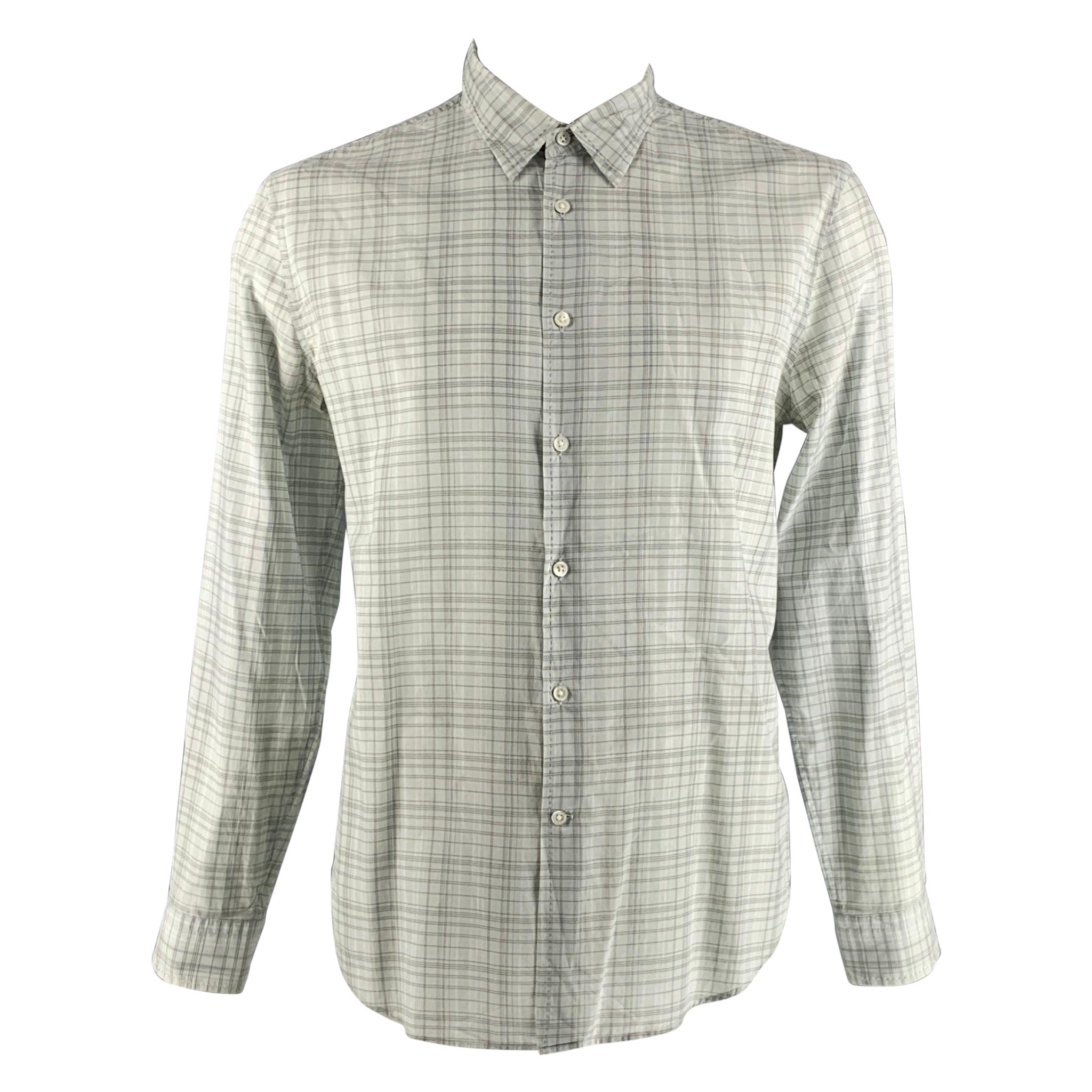 JOHN VARVATOS Size L Grey Plaid Cotton Button Down Long Sleeve Shirt For Sale