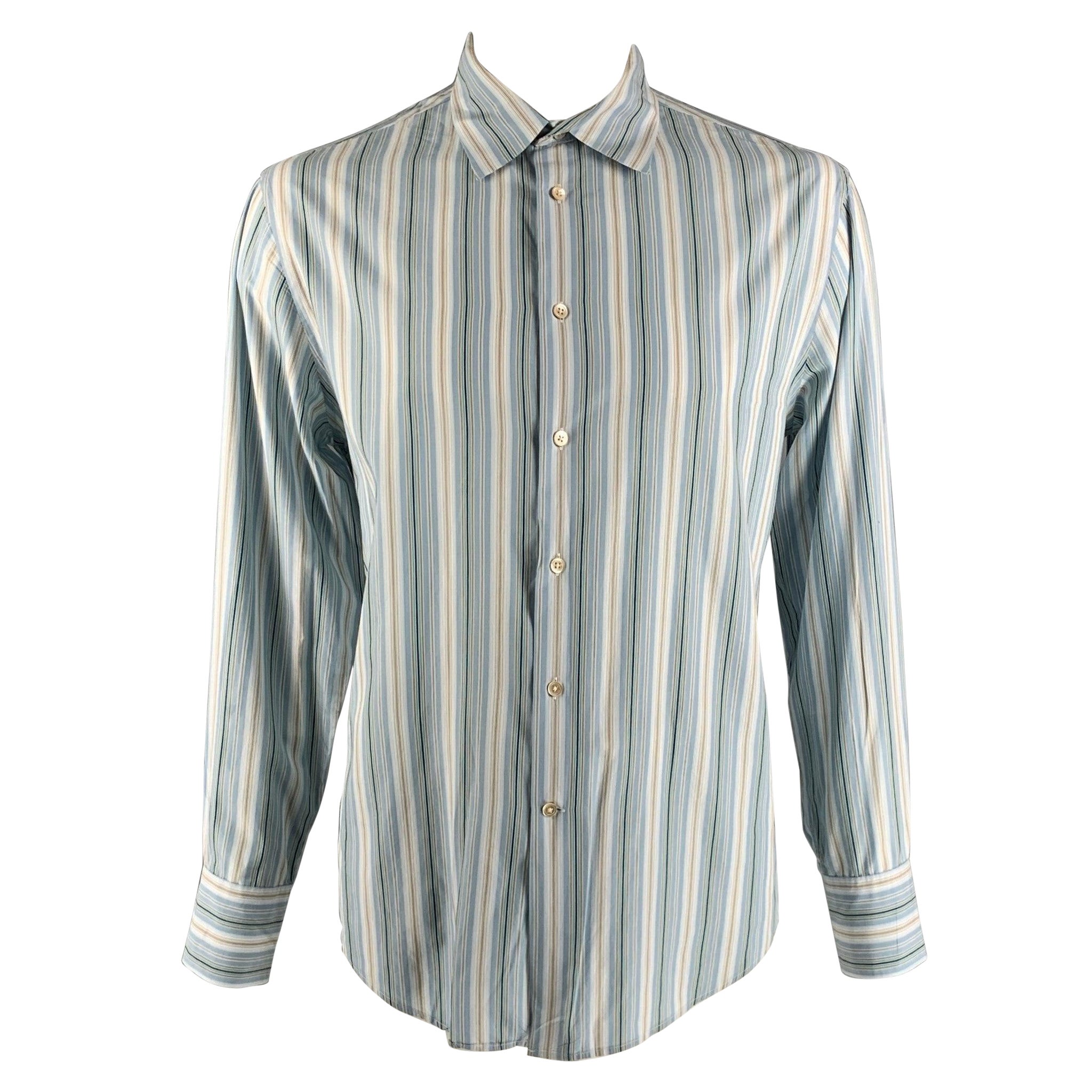 JOHN VARVATOS Size L Blue & Taupe Stripe Cotton Button Down Long Sleeve Shirt For Sale