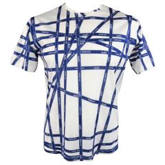 Vintage HERMES Size L White & Navy Bolduc Ribbon Print Cotton T-shirt