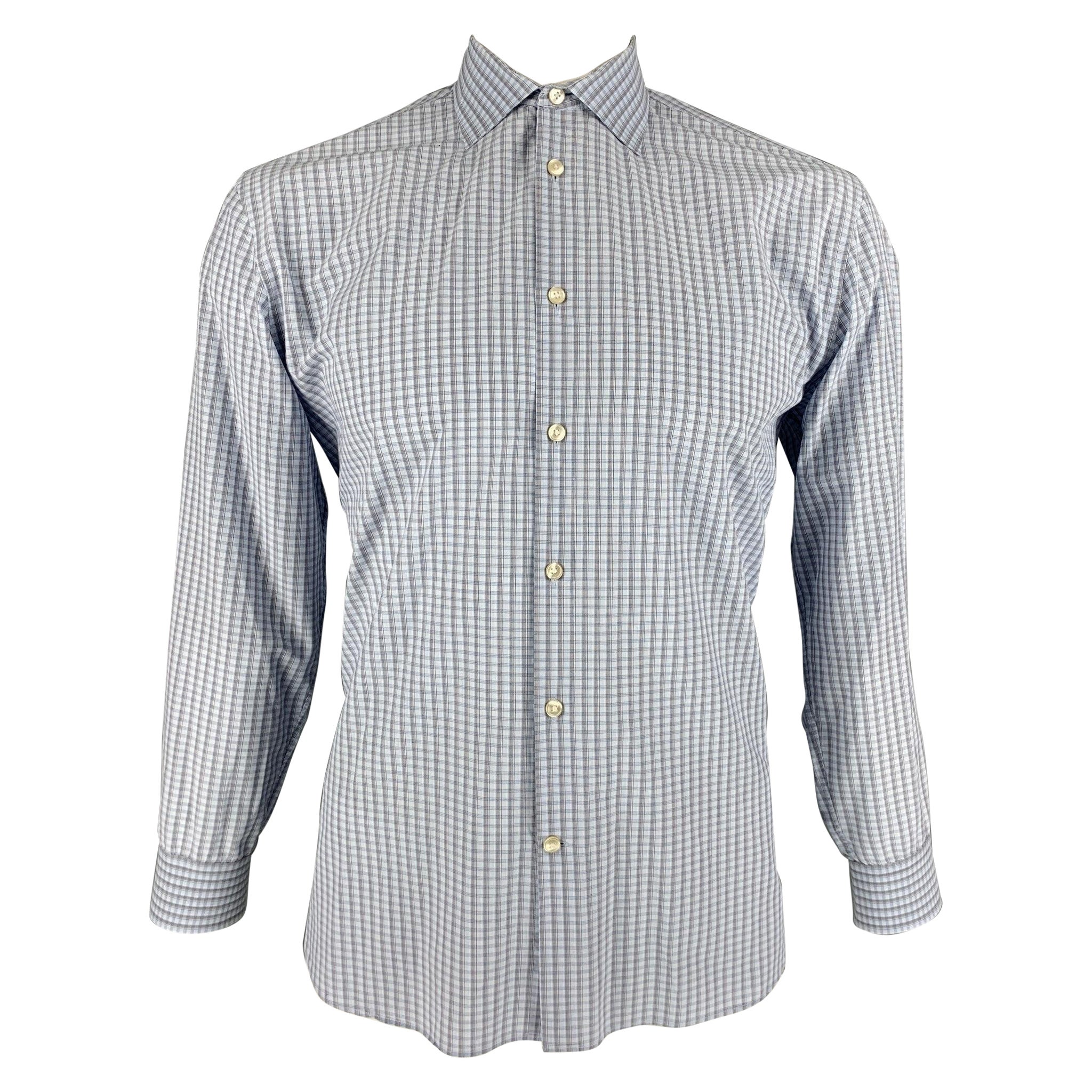 JOHN VARVATOS Size L Blue & Grey Plaid Cotton Button Down Long Sleeve Shirt For Sale