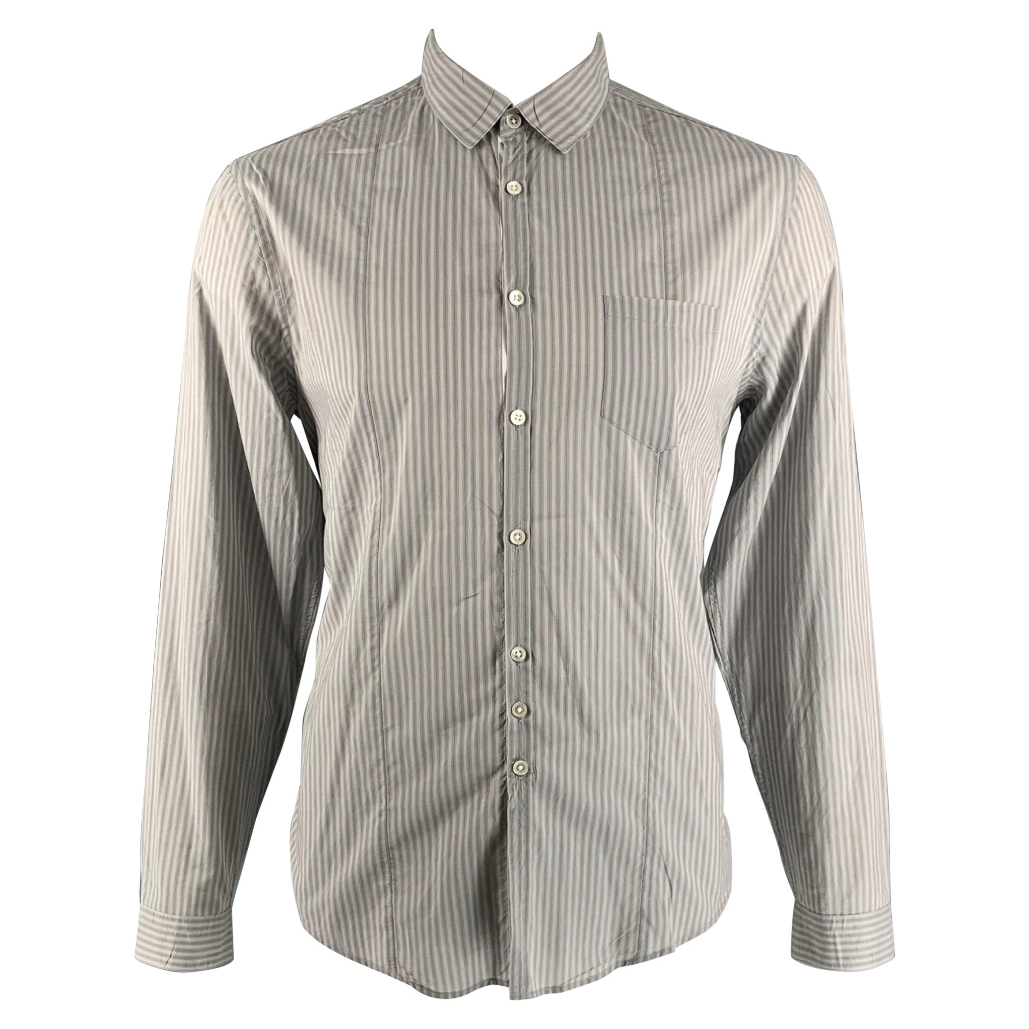 JOHN VARVATOS Size L Blue & Grey Stripe Cotton Button Down Long Sleeve Shirt For Sale